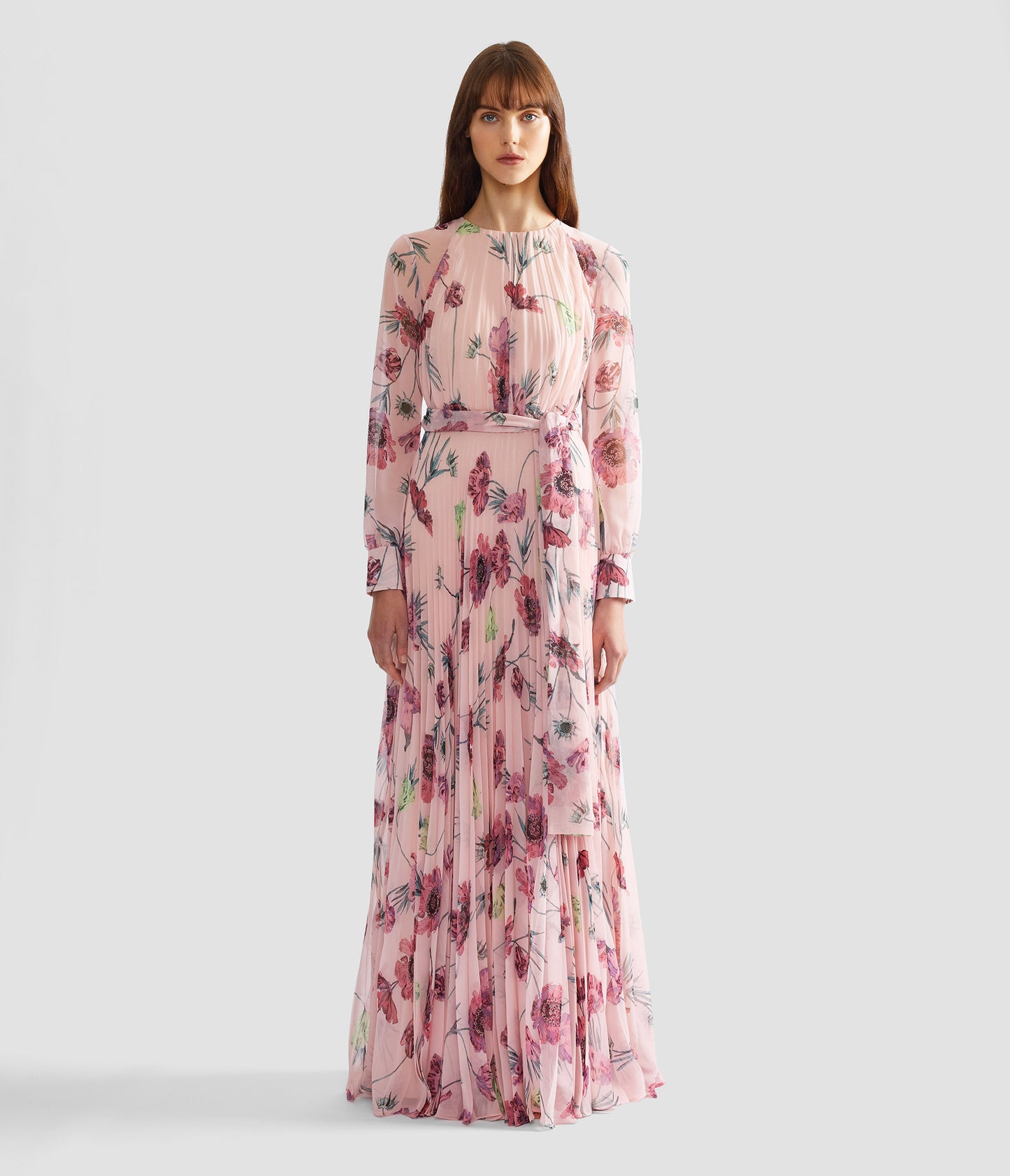 Floral Pleatable Voile Long Sleeve Gown