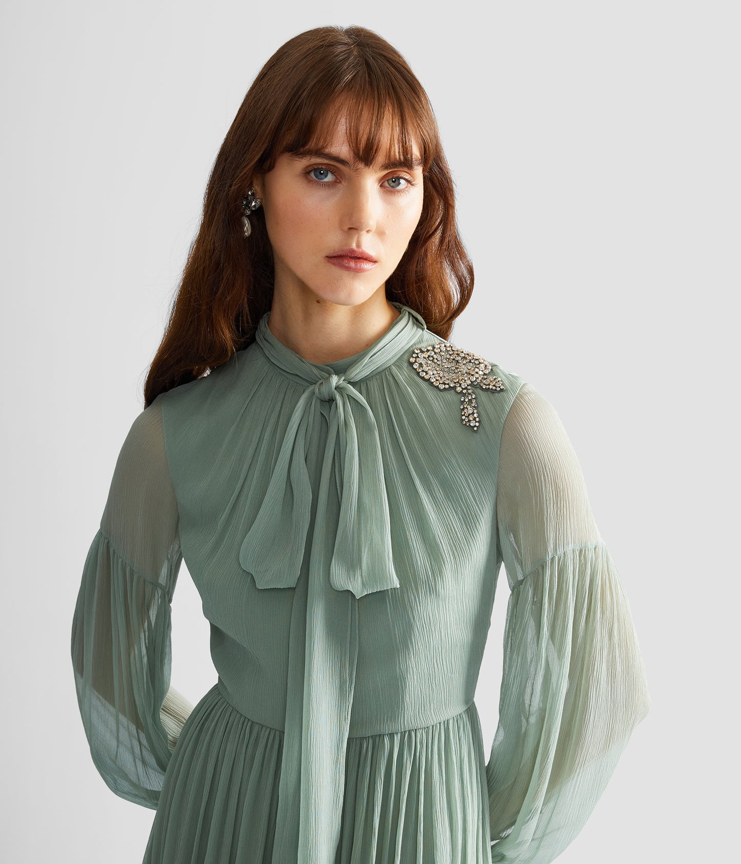 Embellished Silk Creponne Long Sleeve Gown
