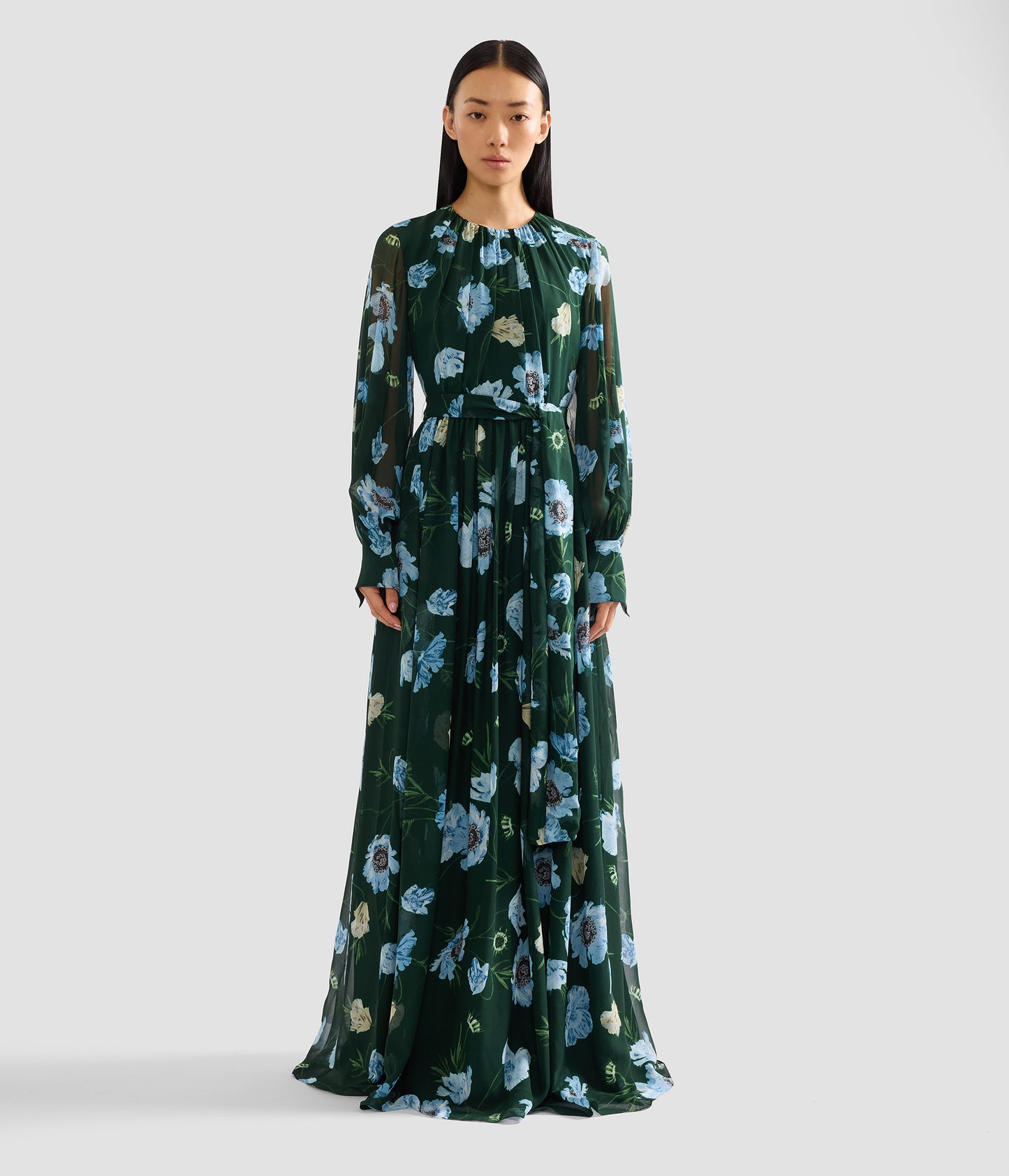 Floral Silk Voile Long Sleeve Gown
