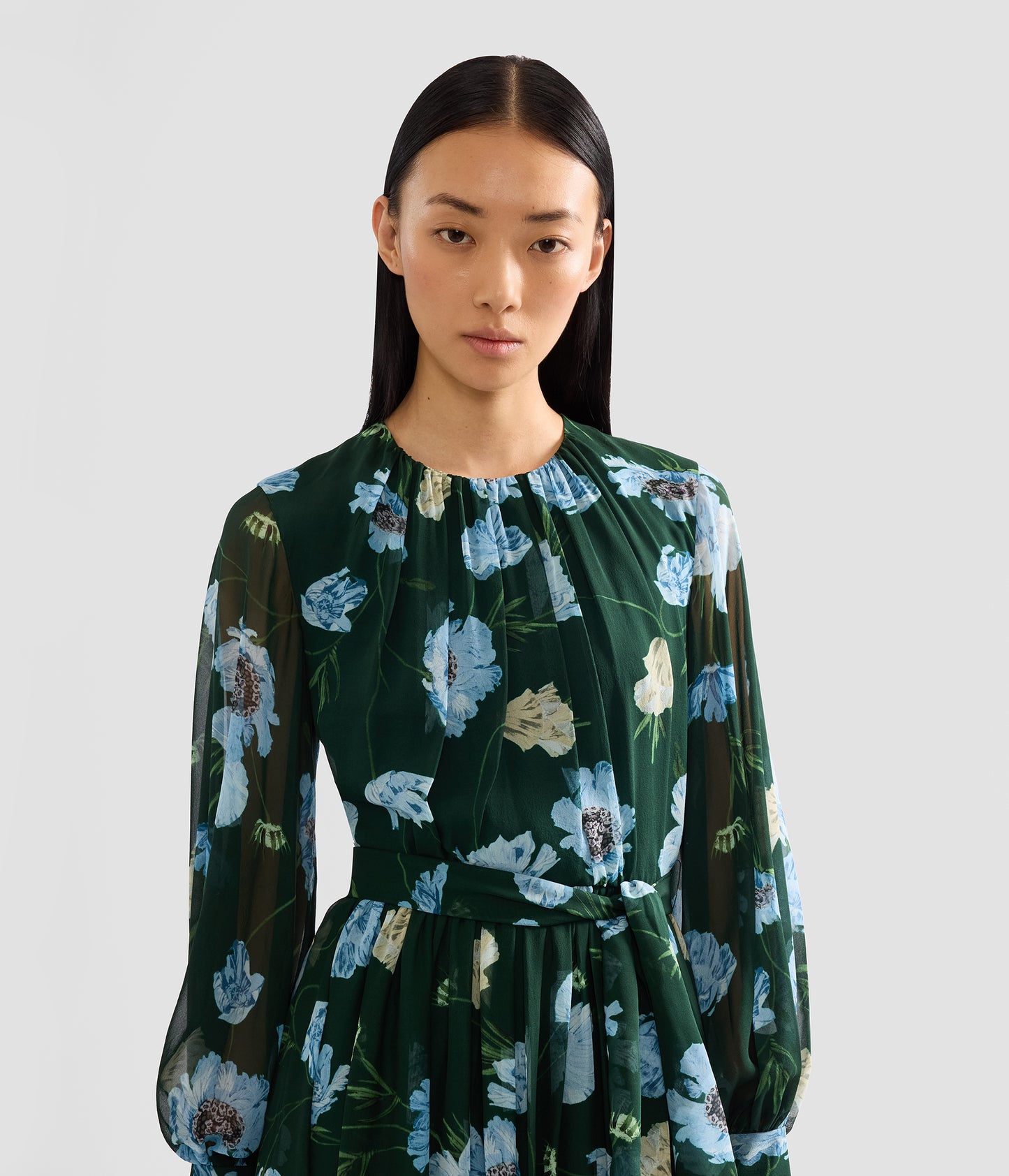 Floral Silk Voile Long Sleeve Gown