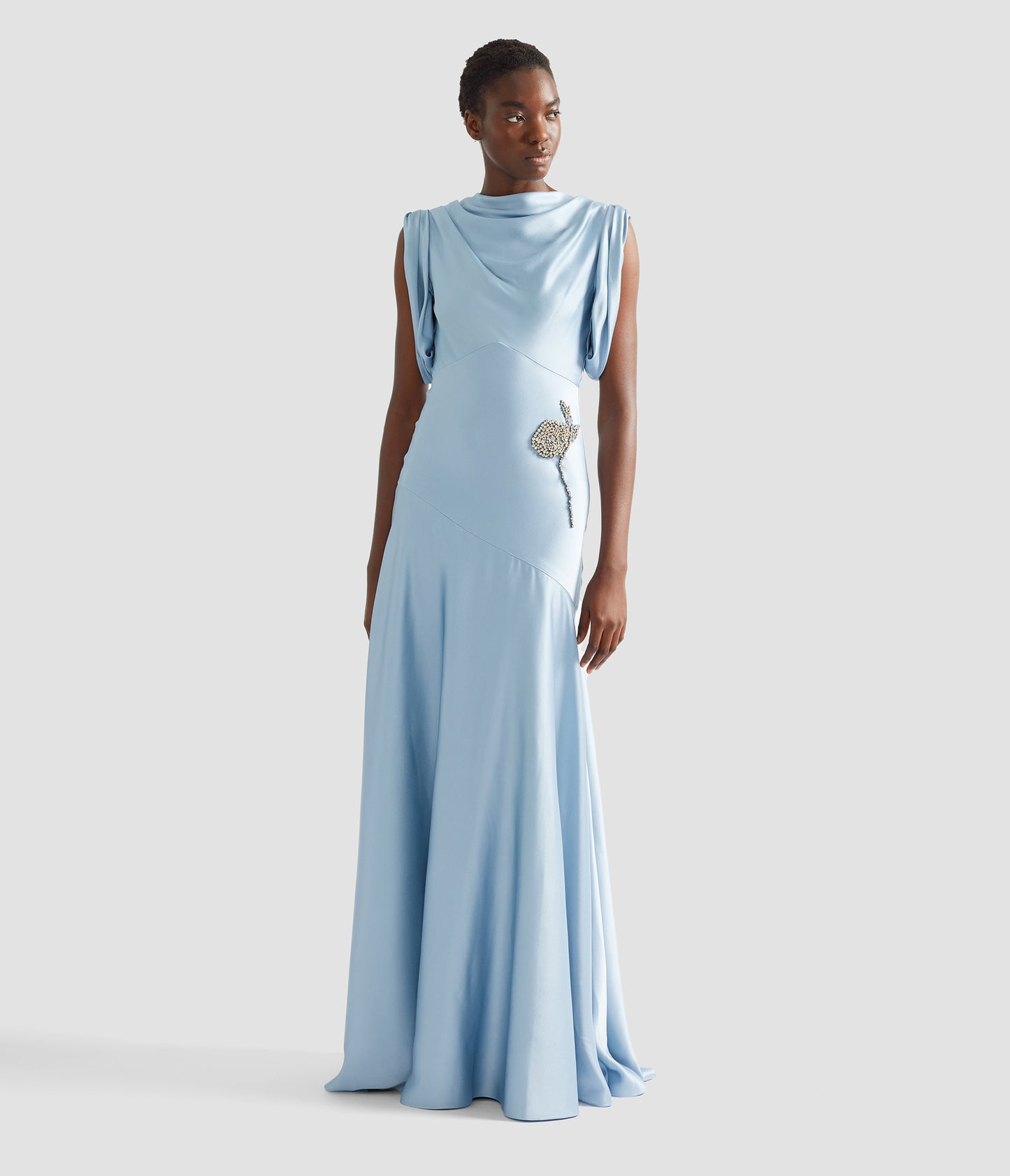 Embroidered Satin Sleeveless Gown