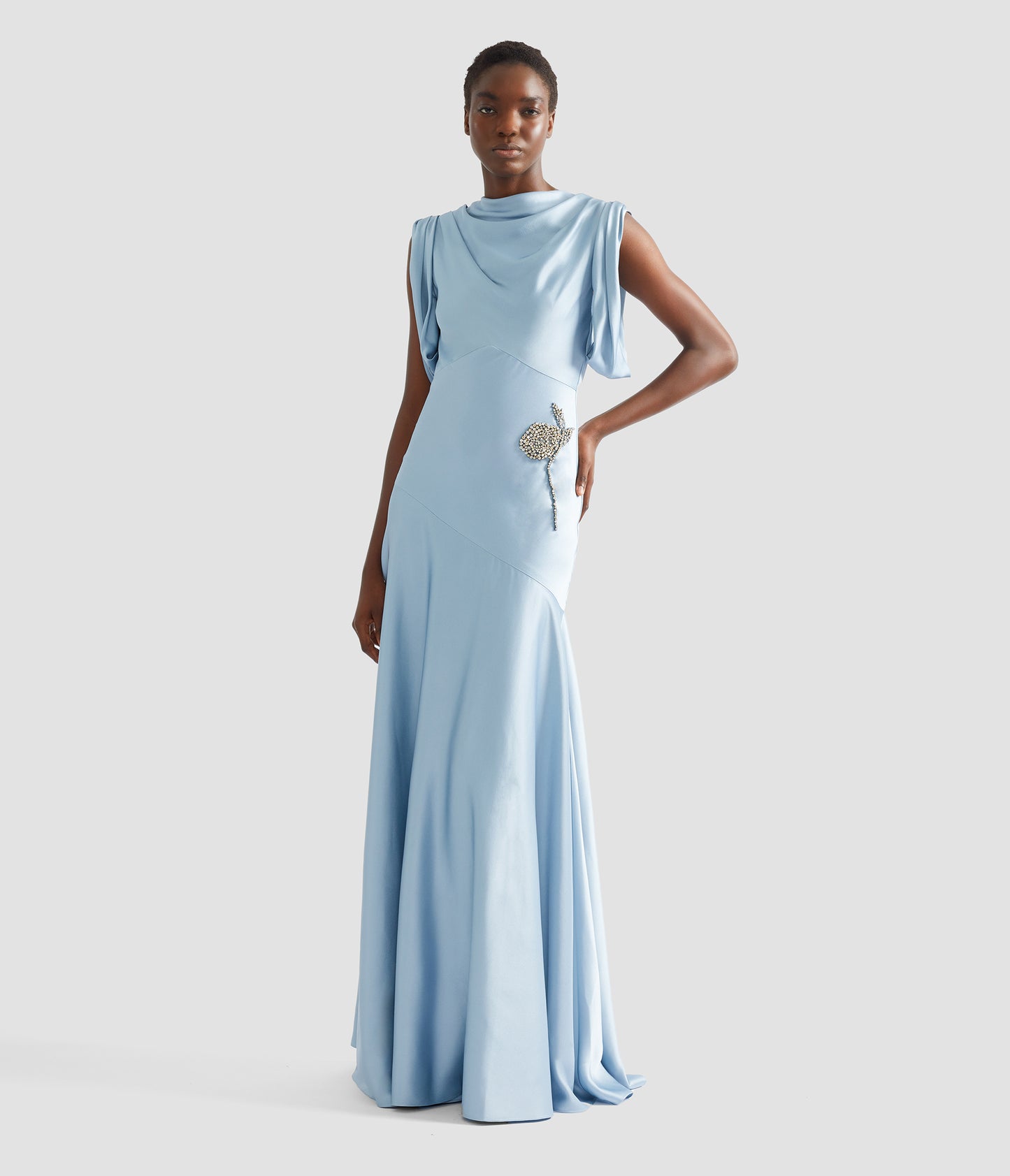 Embroidered Satin Sleeveless Gown