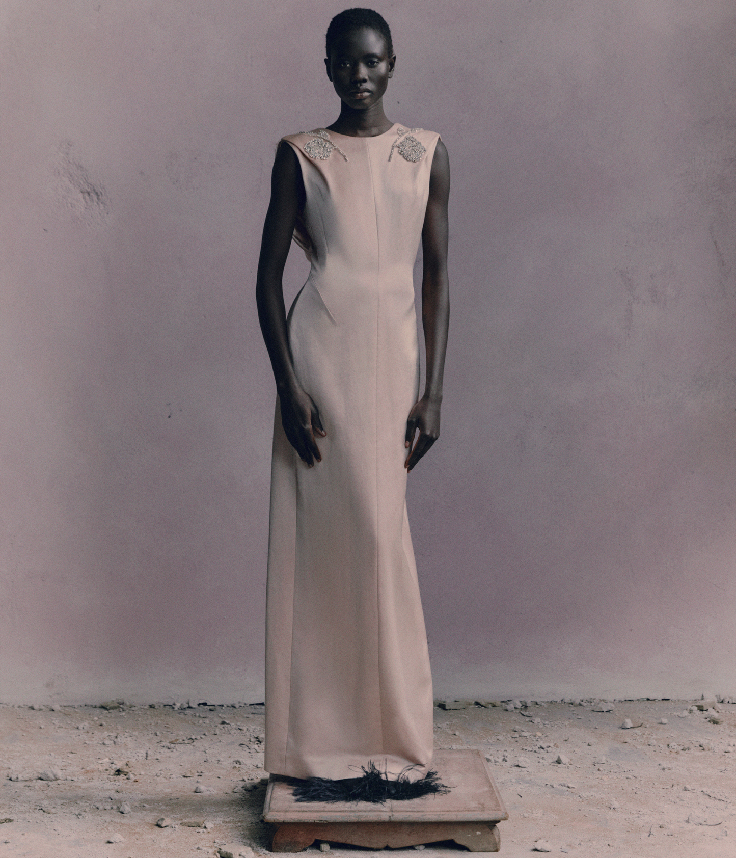 Embroidered Heavy Satin Sleeveless Draped Gown