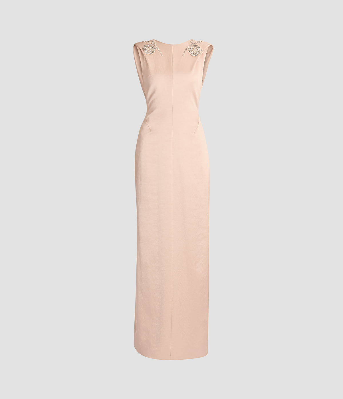 Embroidered Heavy Satin Sleeveless Draped Gown