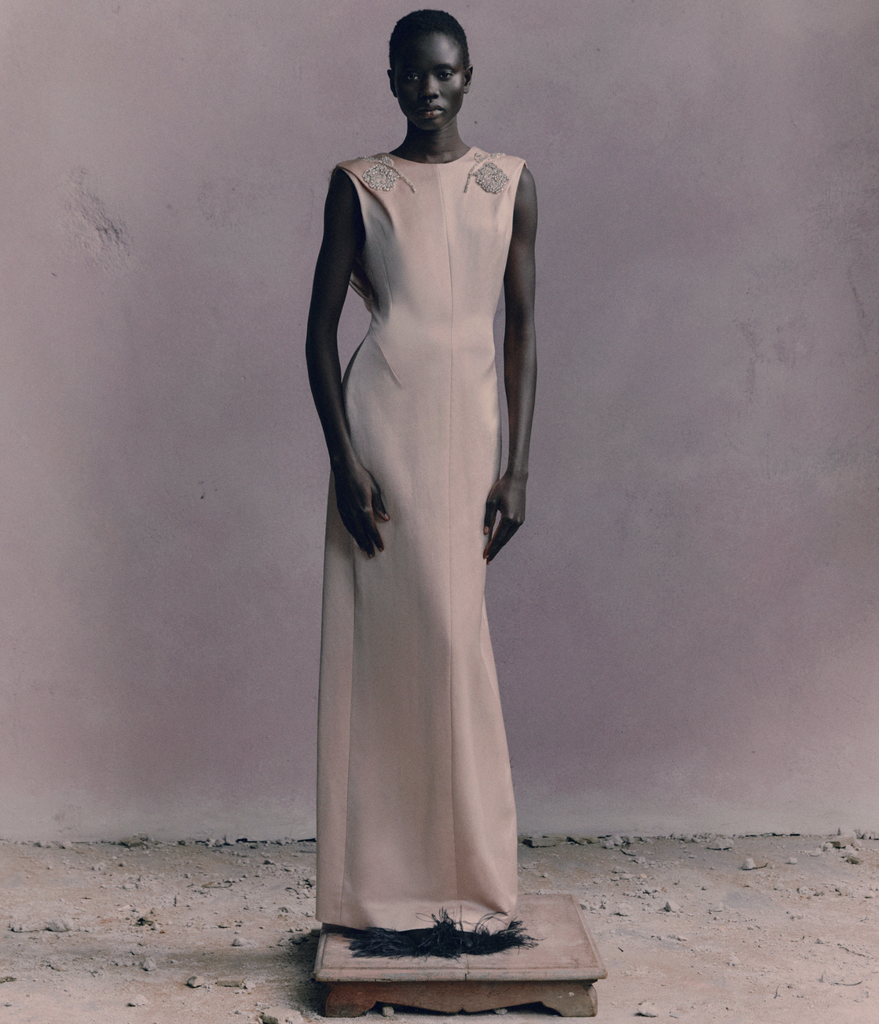 Embroidered Heavy Satin Sleeveless Draped Gown
