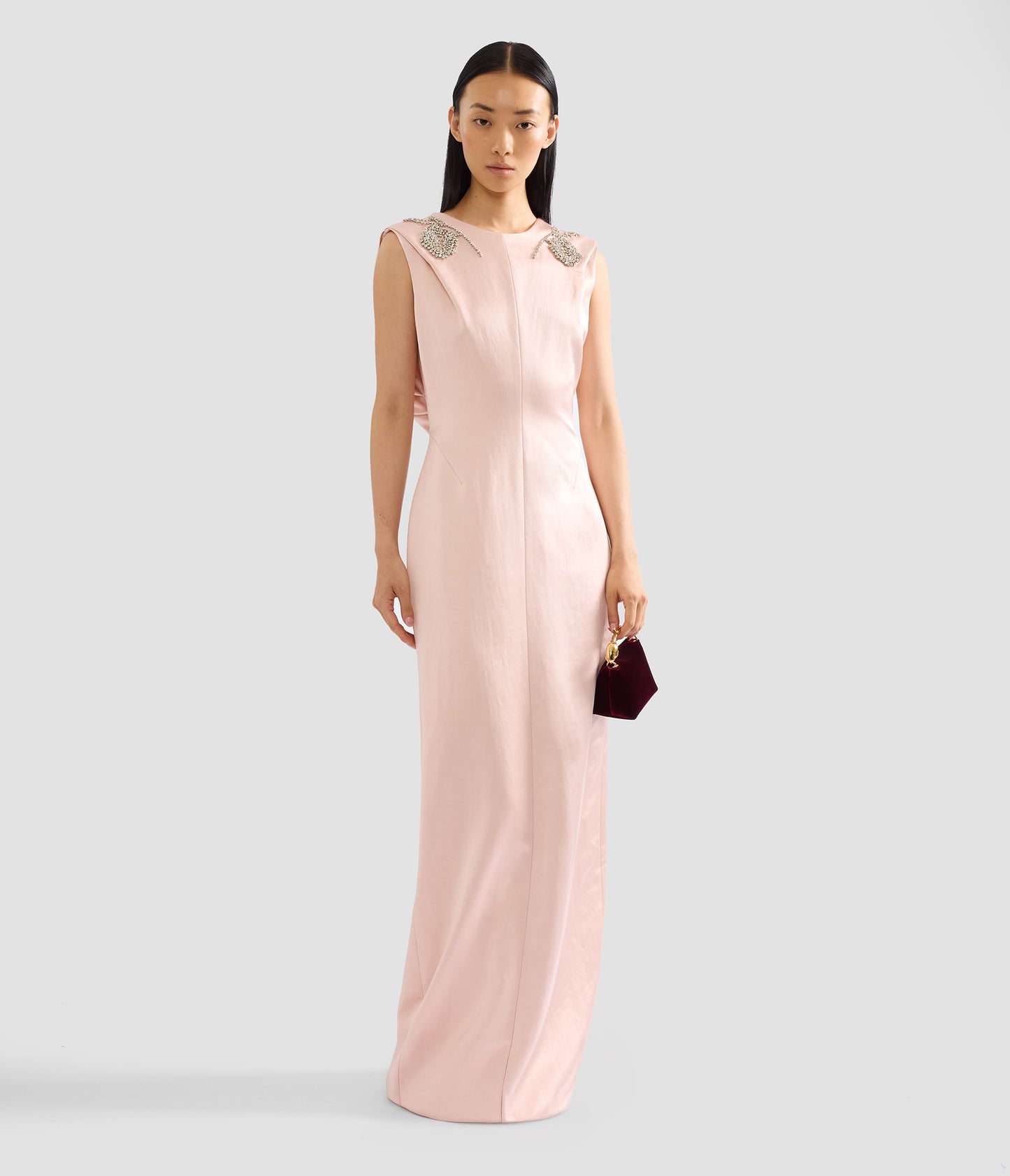 Embroidered Heavy Satin Sleeveless Draped Gown