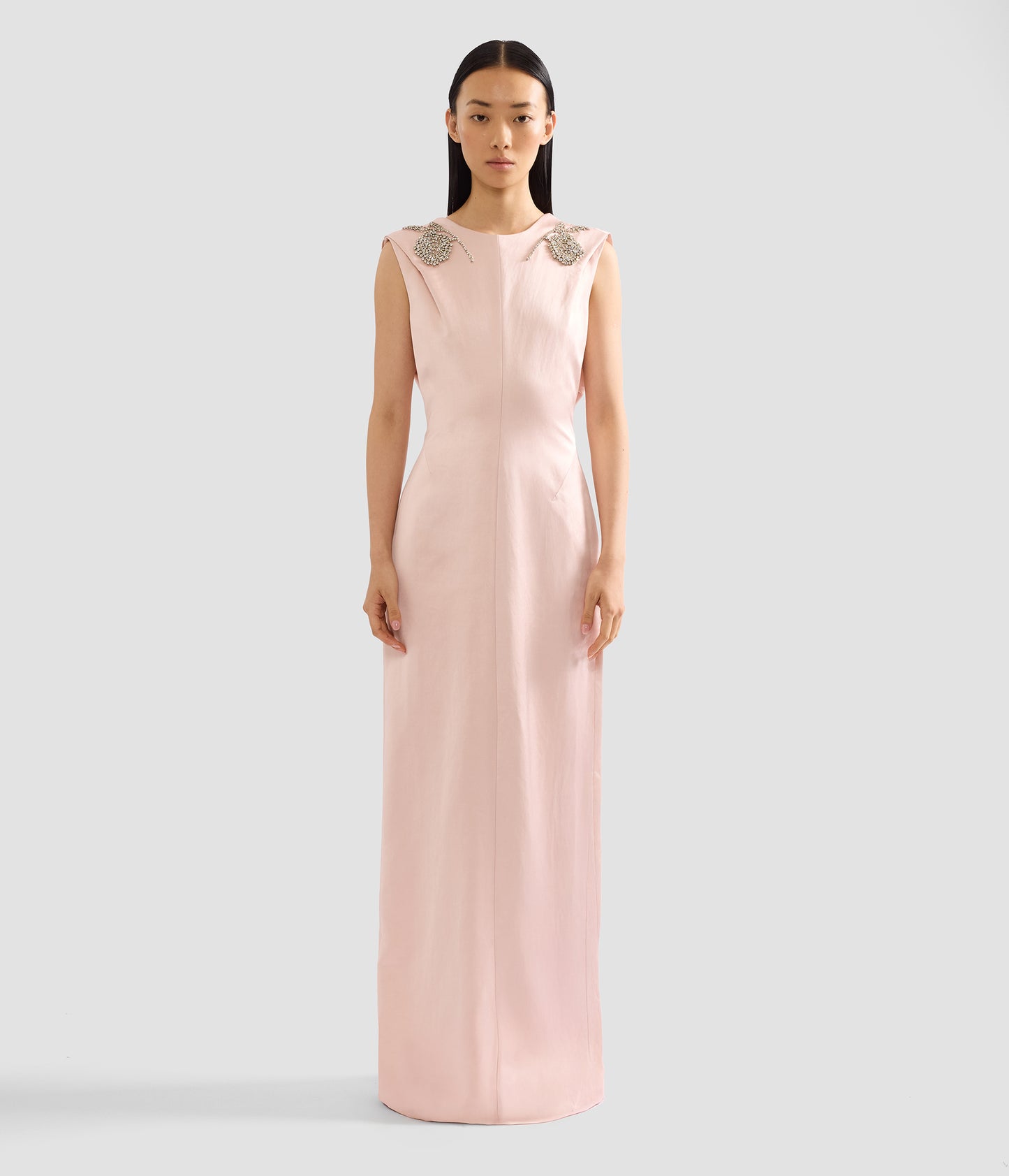 Embroidered Heavy Satin Sleeveless Draped Gown
