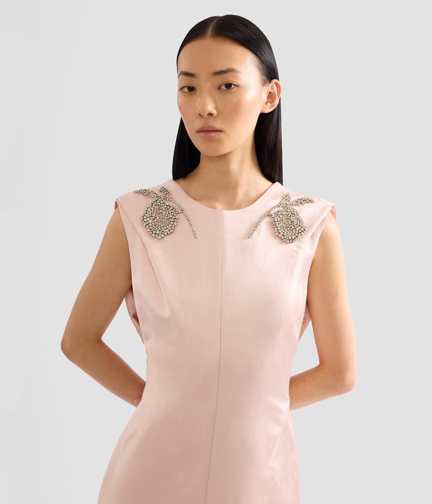 Embroidered Heavy Satin Sleeveless Draped Gown