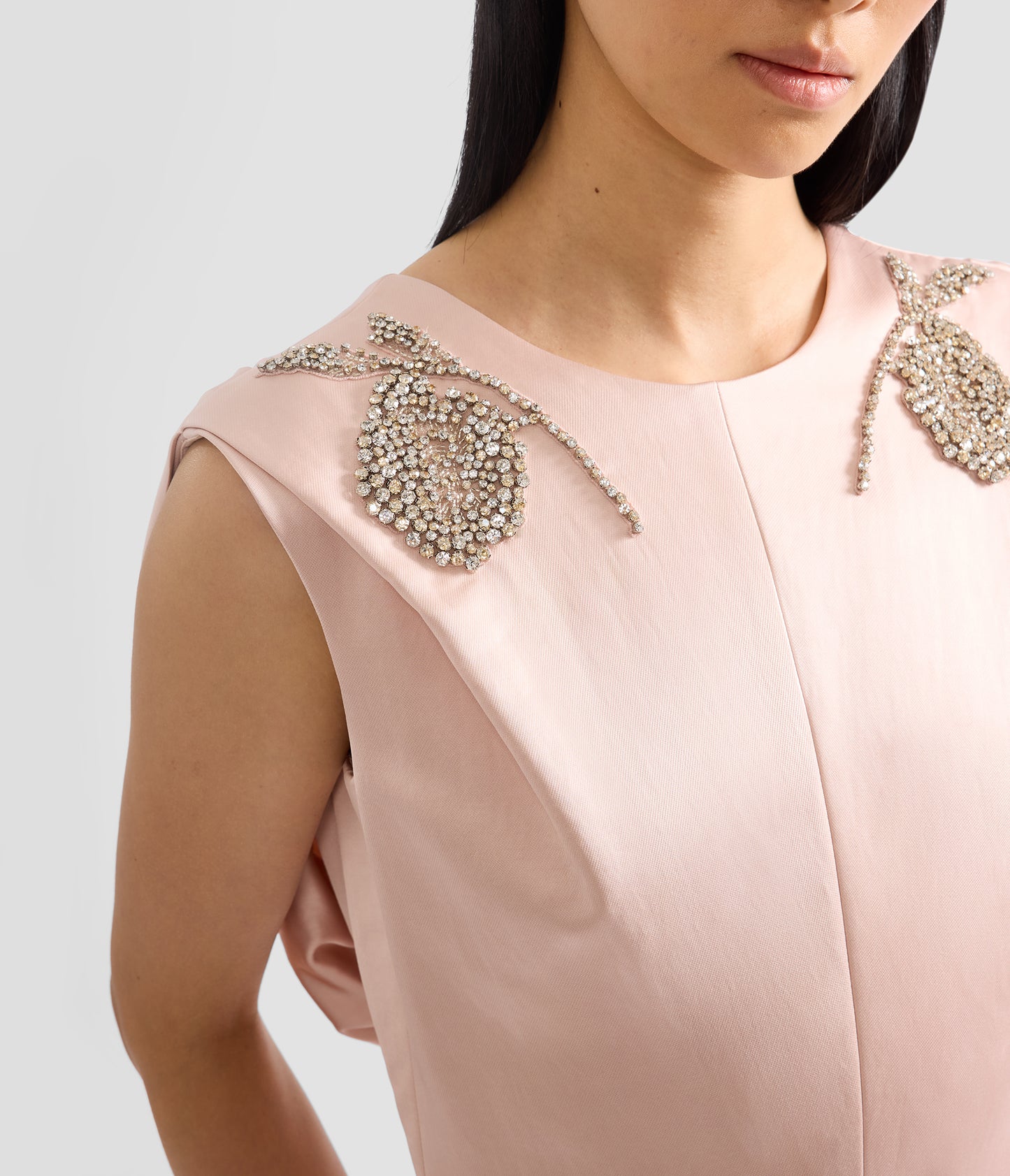 Embroidered Heavy Satin Sleeveless Draped Gown
