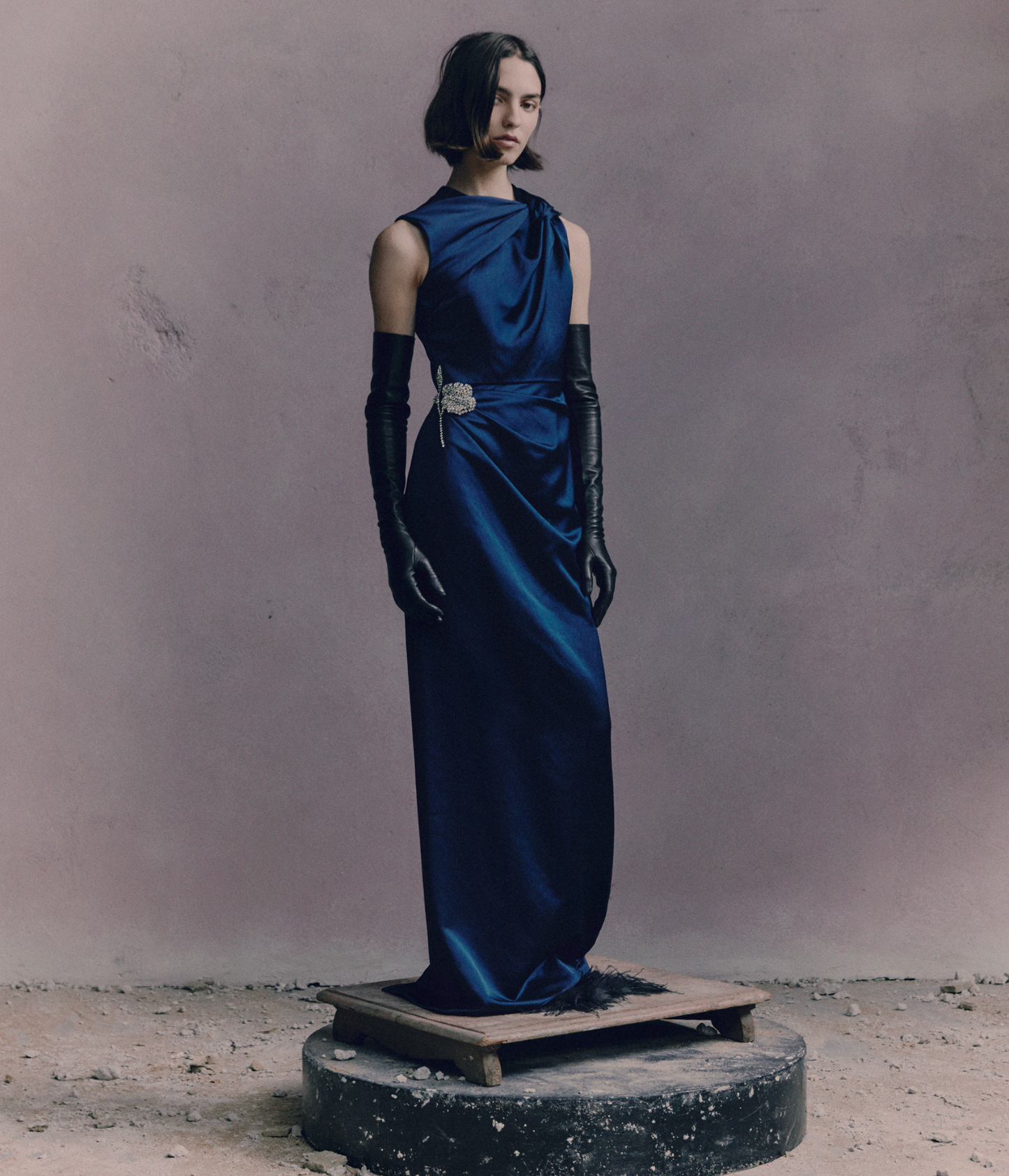 Embroidered Heavy Satin Sleeveless Pencil Gown