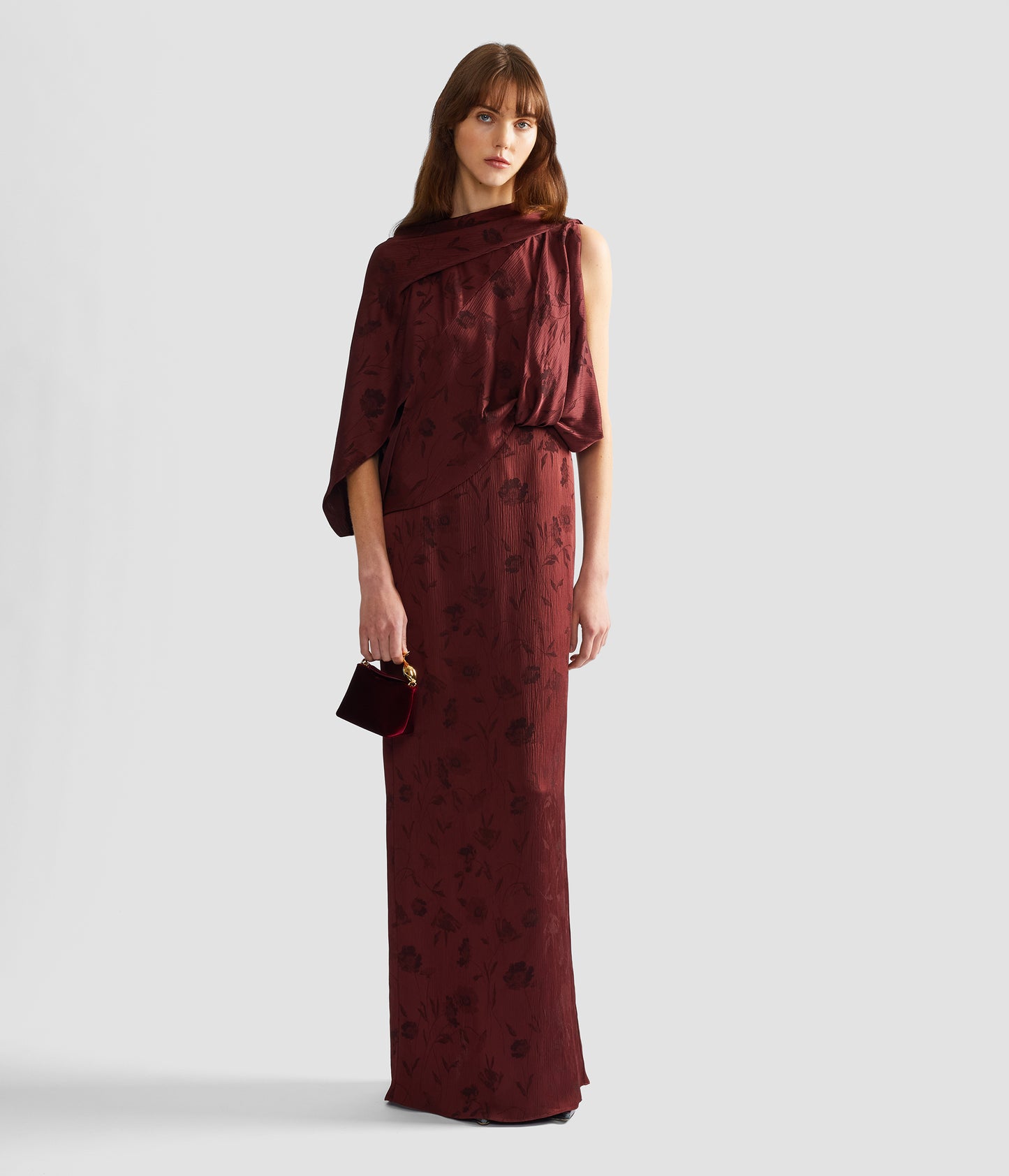 Floral Creponne Jacquard Drape Gown