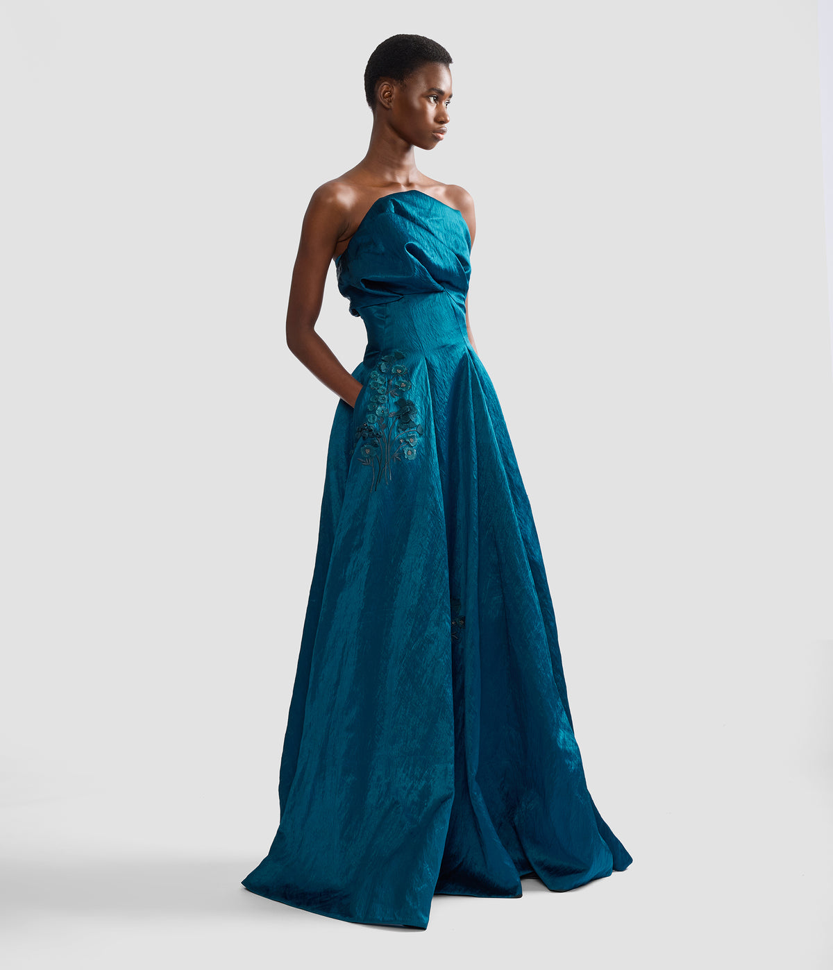 Embroidered Textured Satin Bustier Gown