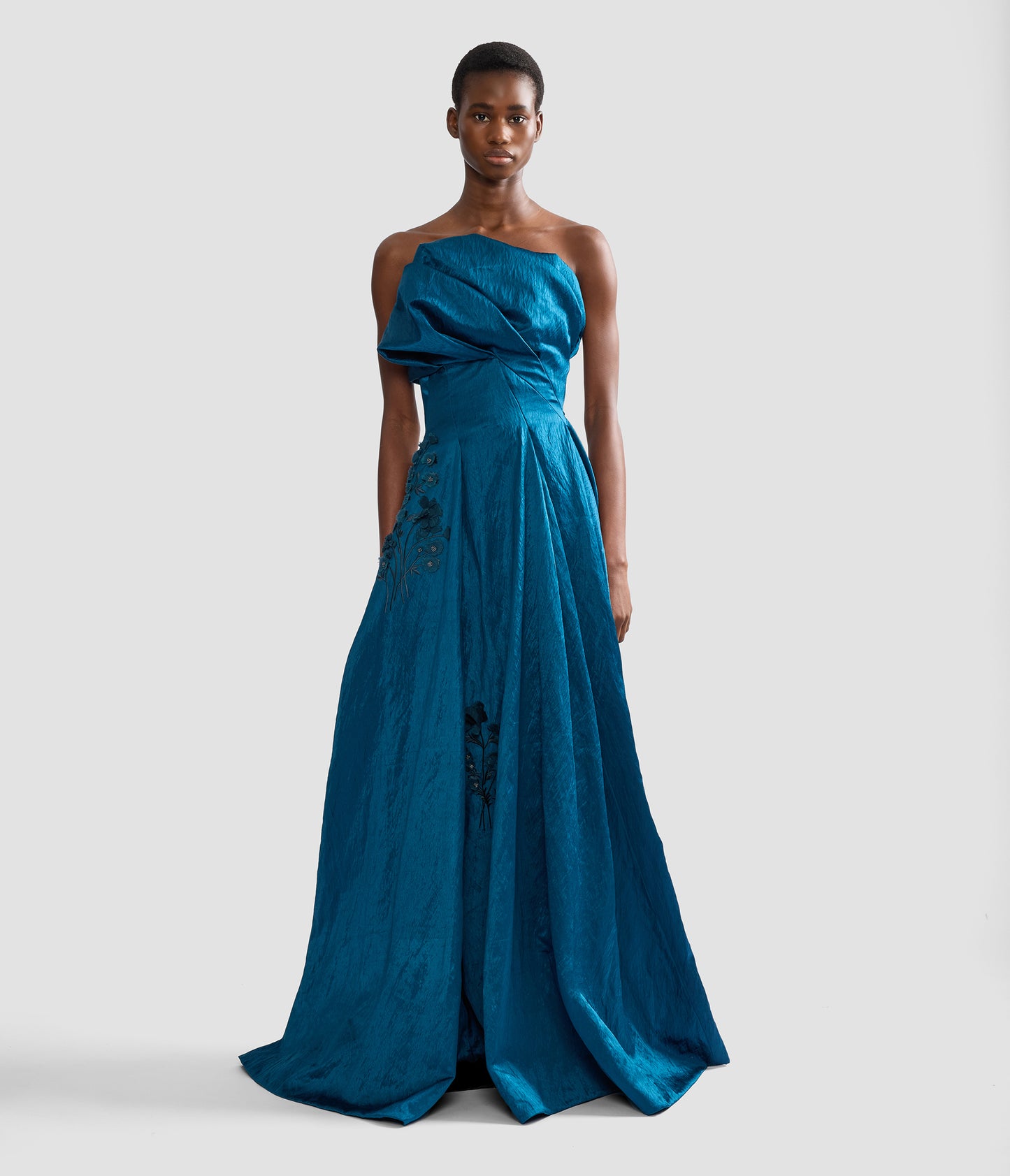 Embroidered Textured Satin Bustier Gown