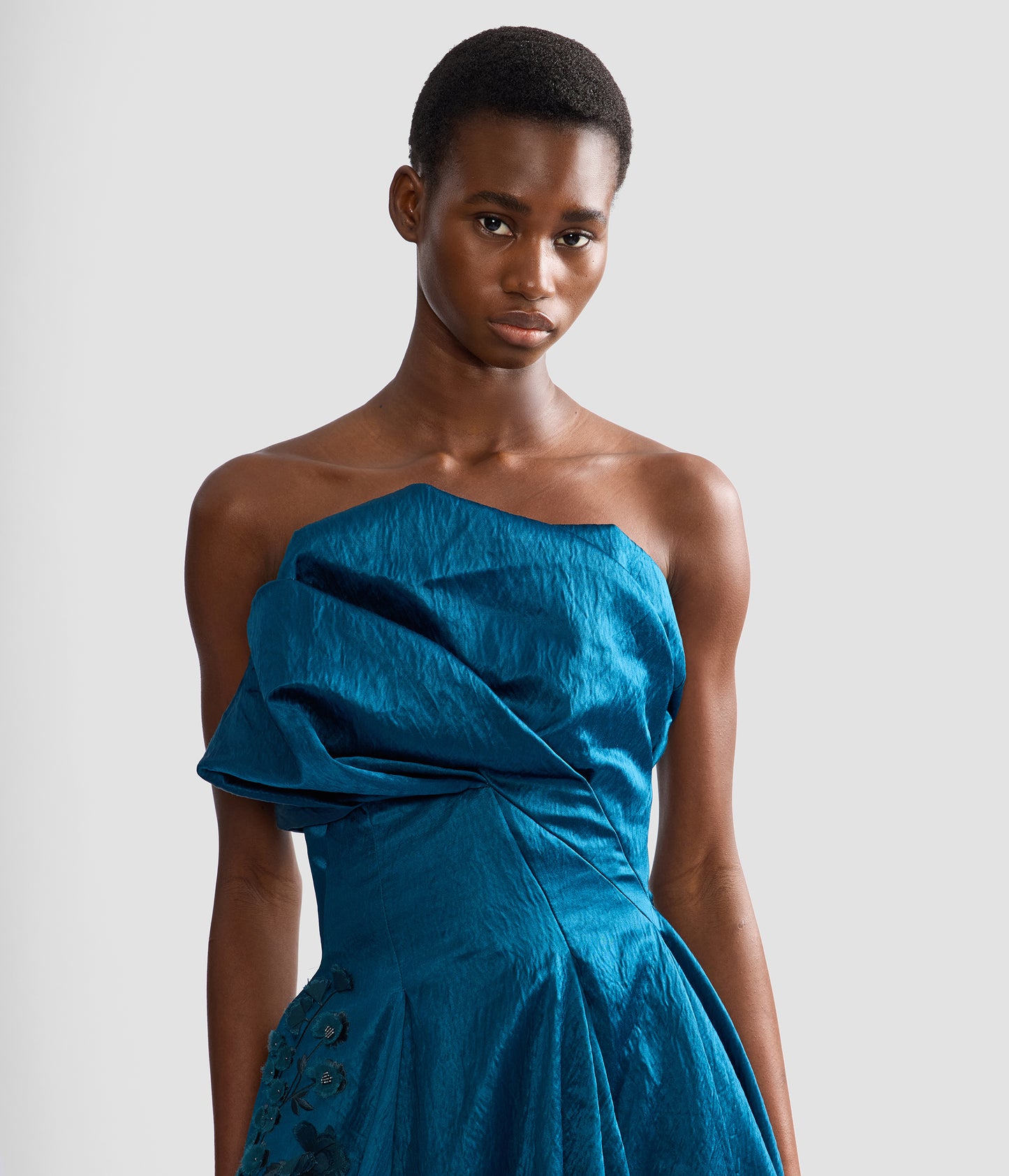 Embroidered Textured Satin Bustier Gown