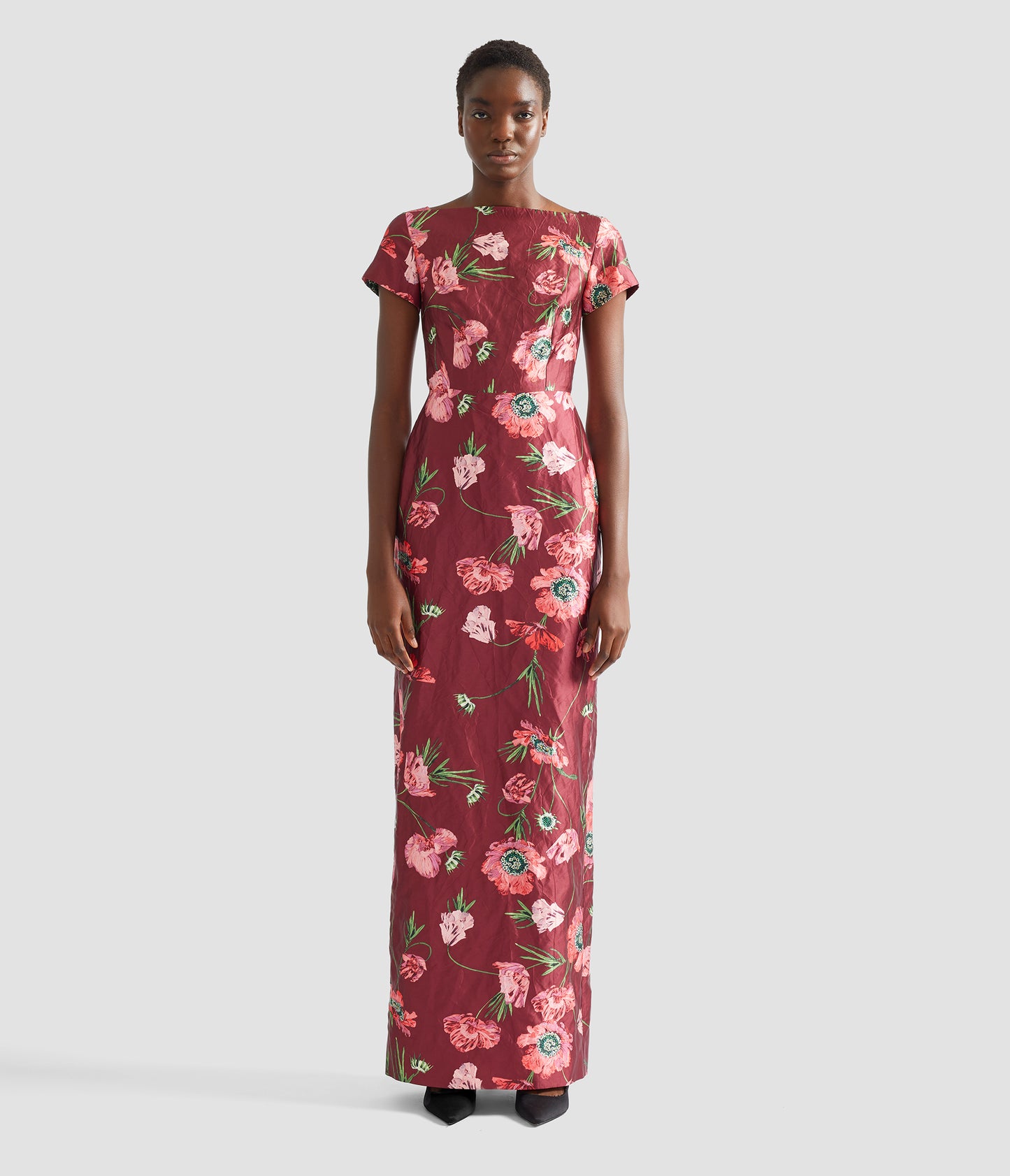 Floral Textured Satin Short Sleeve Gown