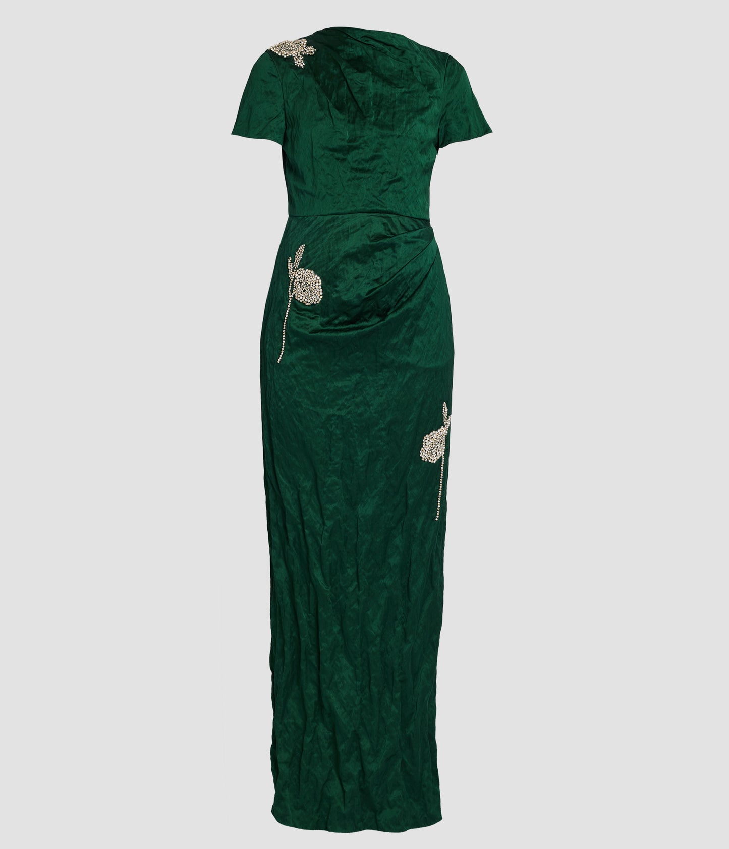 Embroidered Textured Satin Short Sleeve Gown