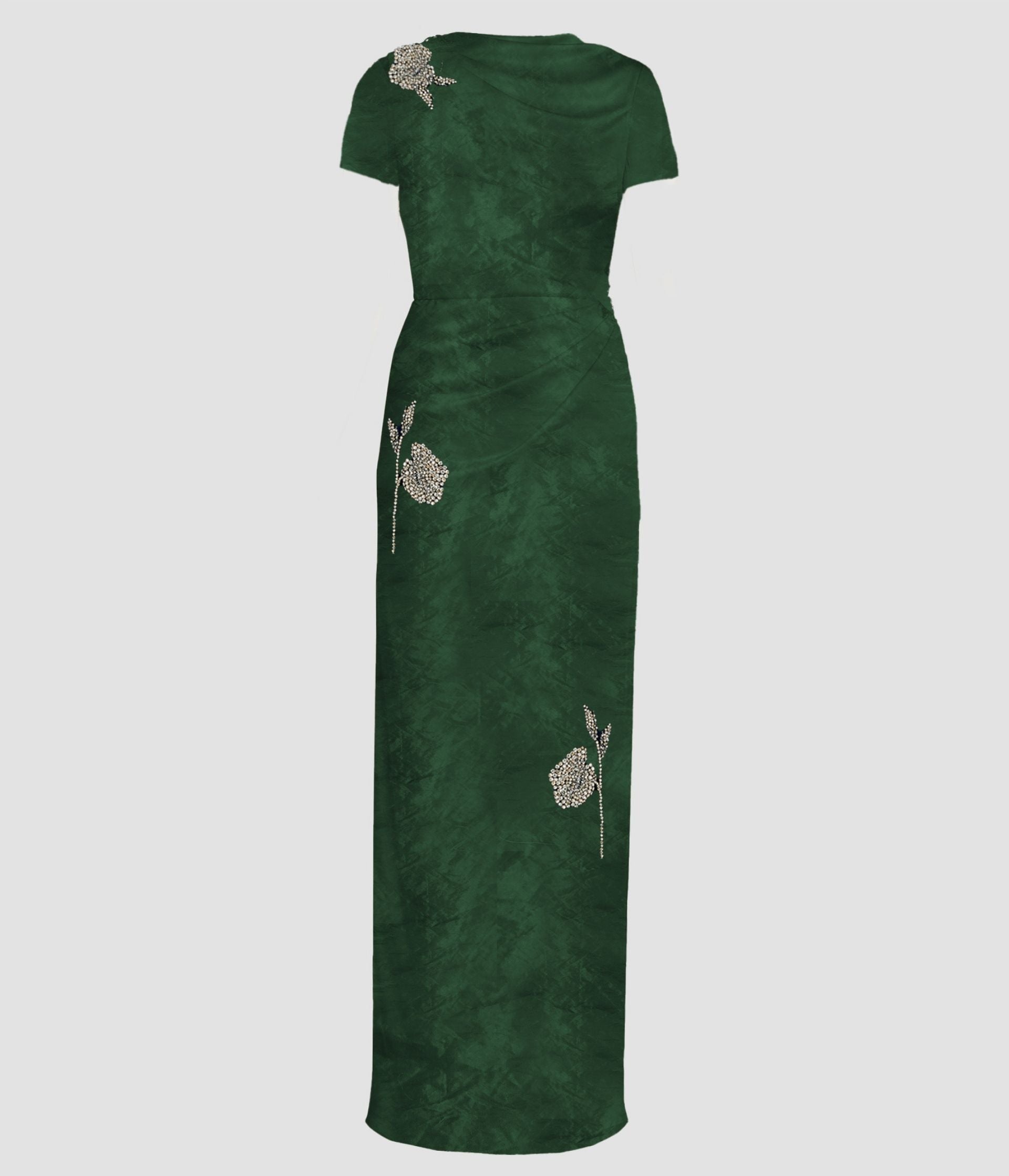 Embroidered Textured Satin Short Sleeve Gown