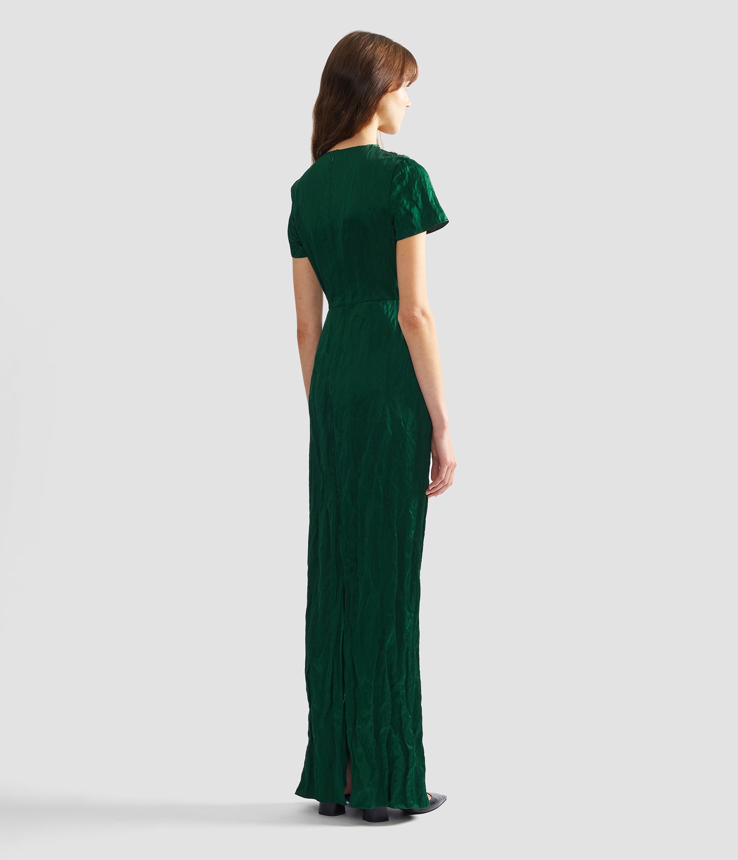 Embroidered Textured Satin Short Sleeve Gown