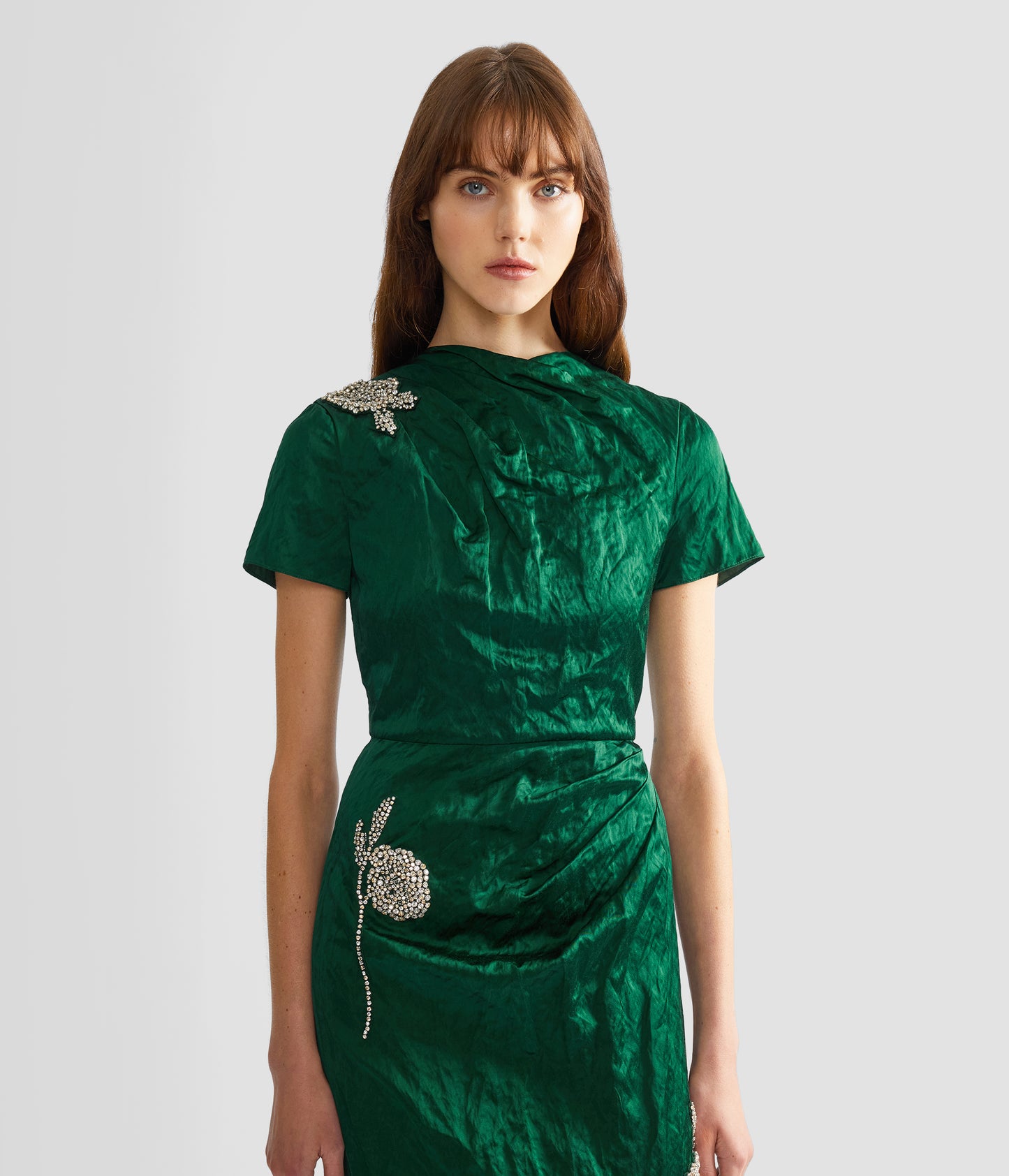 Embroidered Textured Satin Short Sleeve Gown
