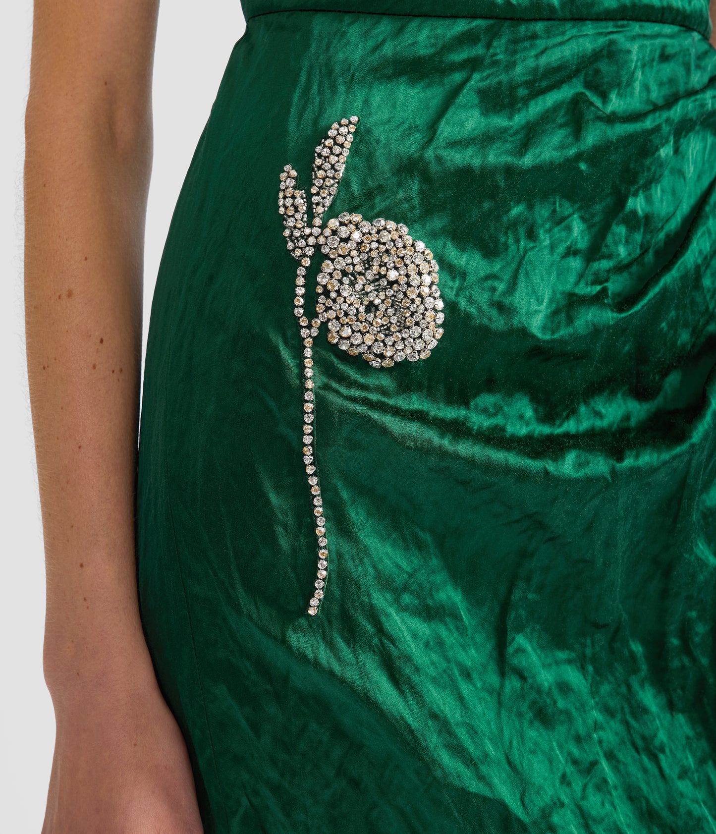 Embroidered Textured Satin Short Sleeve Gown