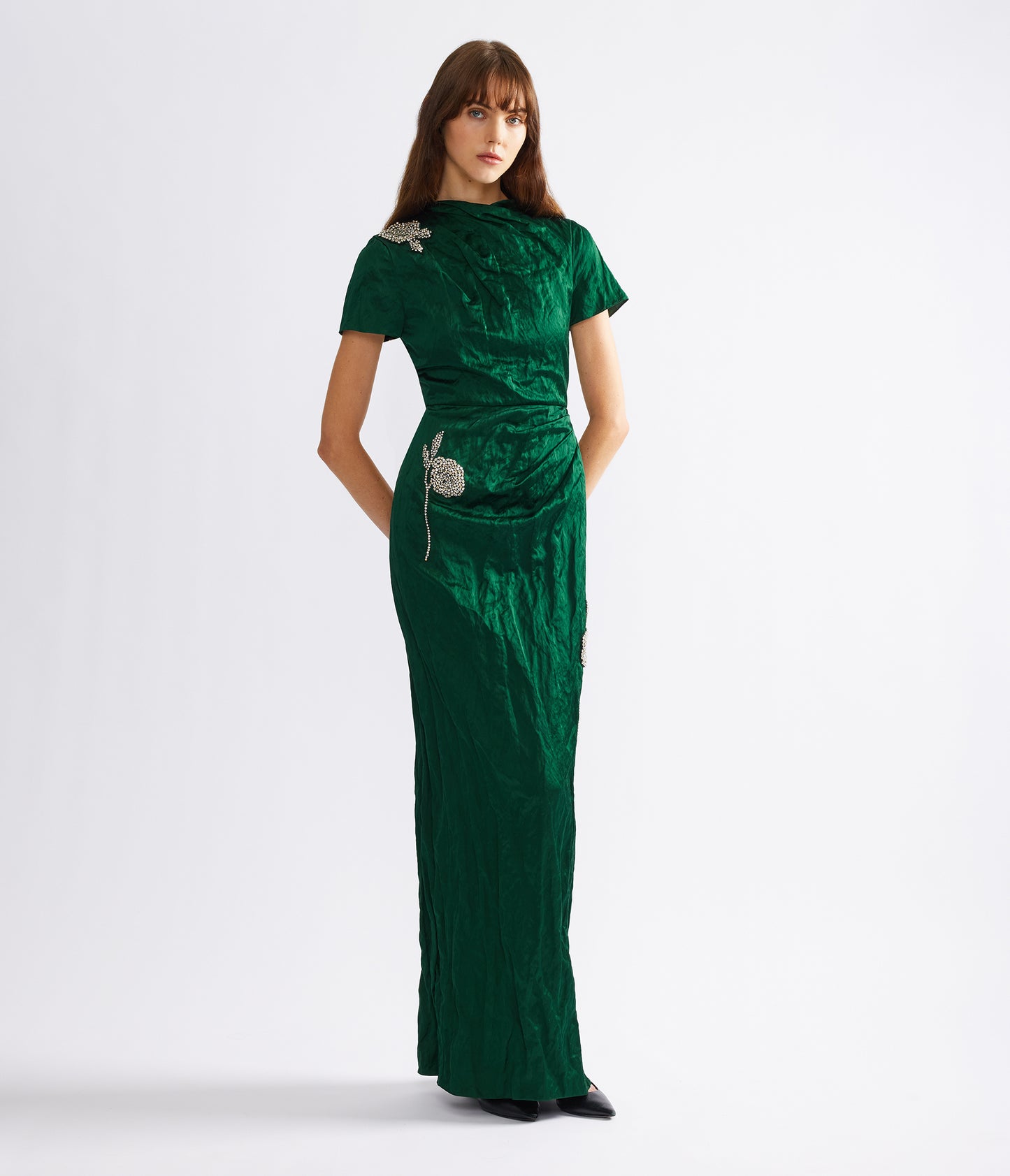 Embroidered Textured Satin Short Sleeve Gown
