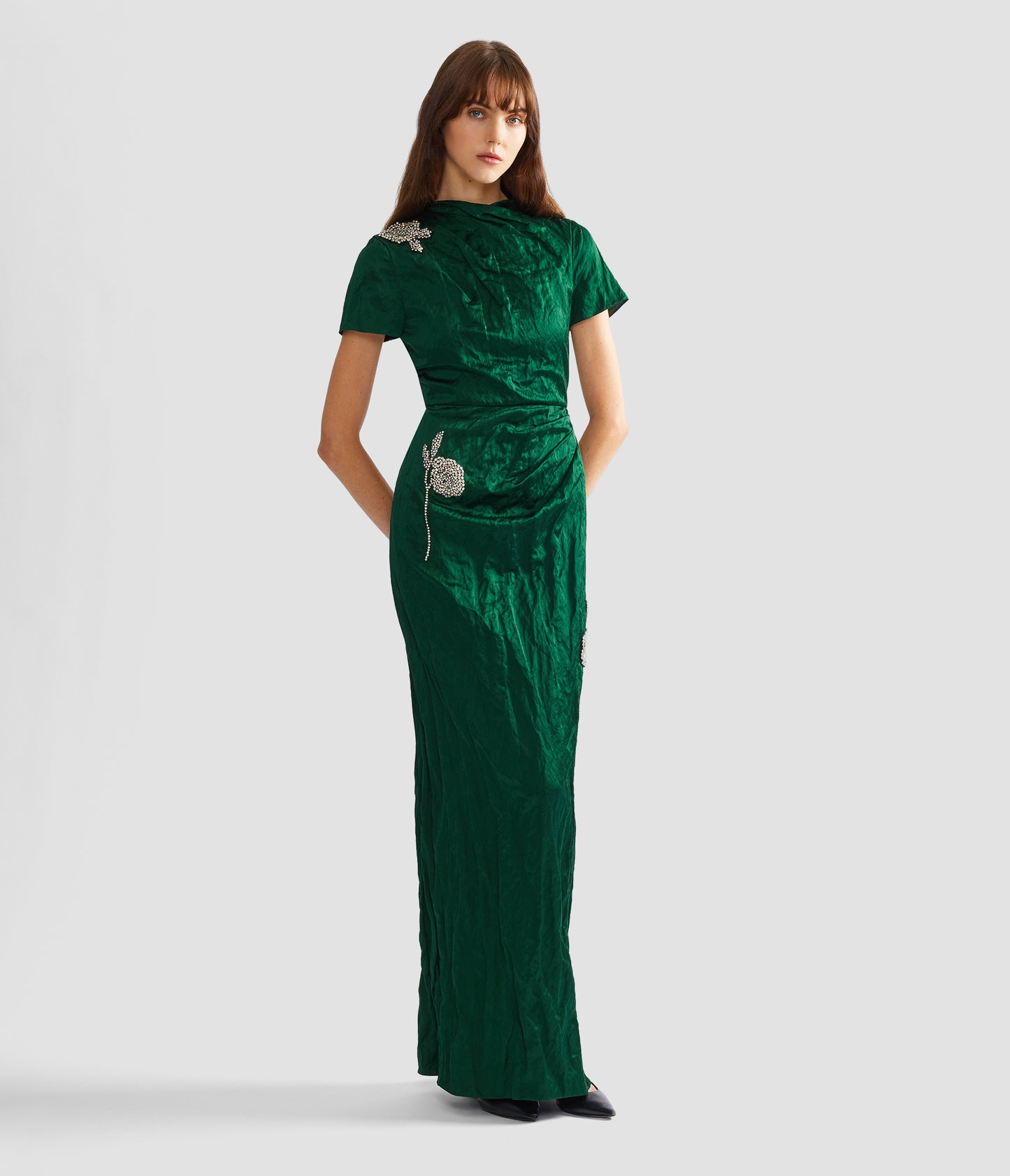 Embroidered Textured Satin Short Sleeve Gown