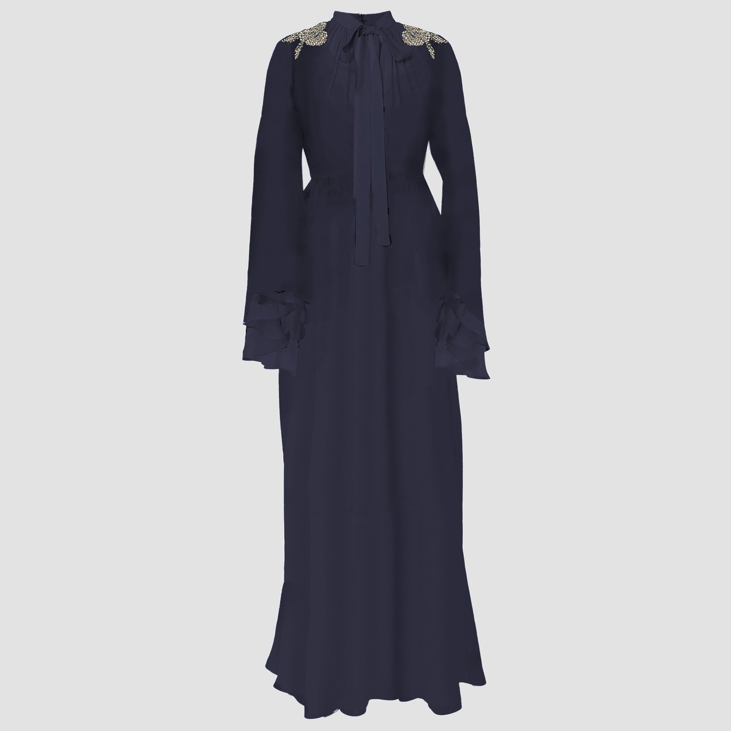 Embroidered Creponne Long Sleeve Gown