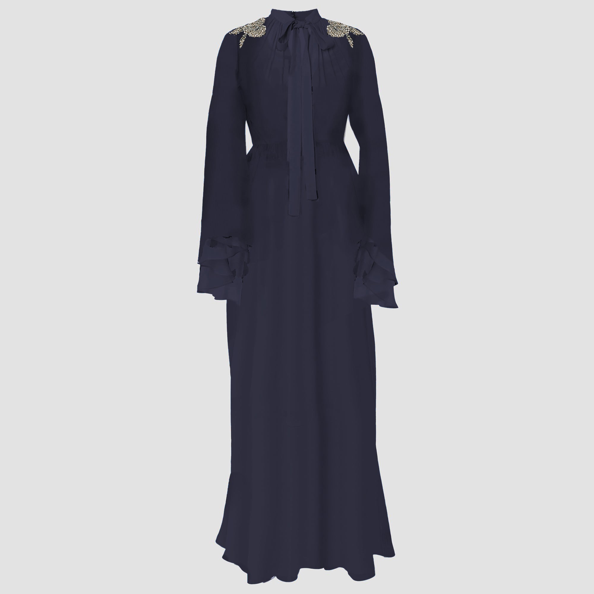 Embroidered Creponne Long Sleeve Gown