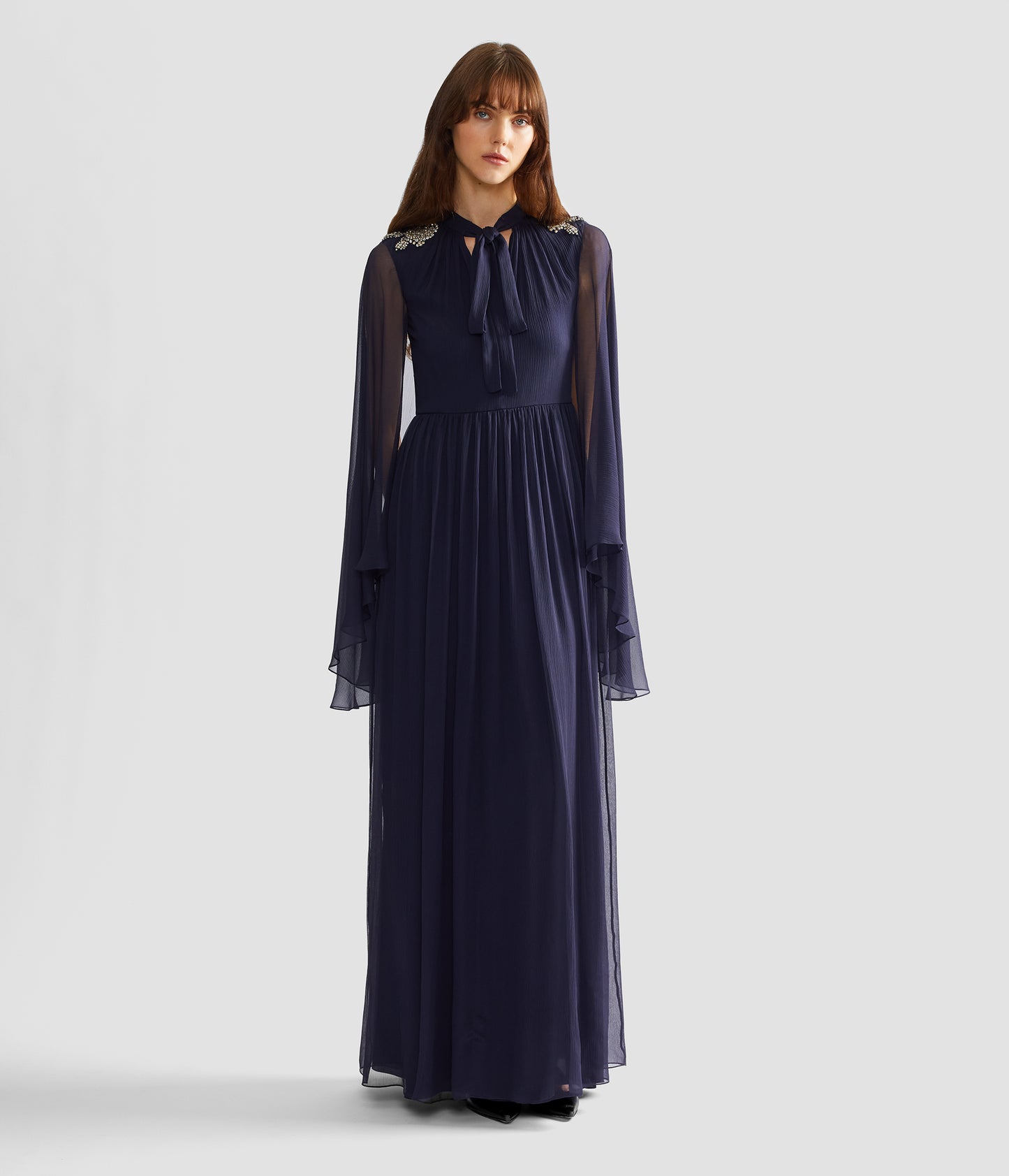 Embroidered Creponne Long Sleeve Gown