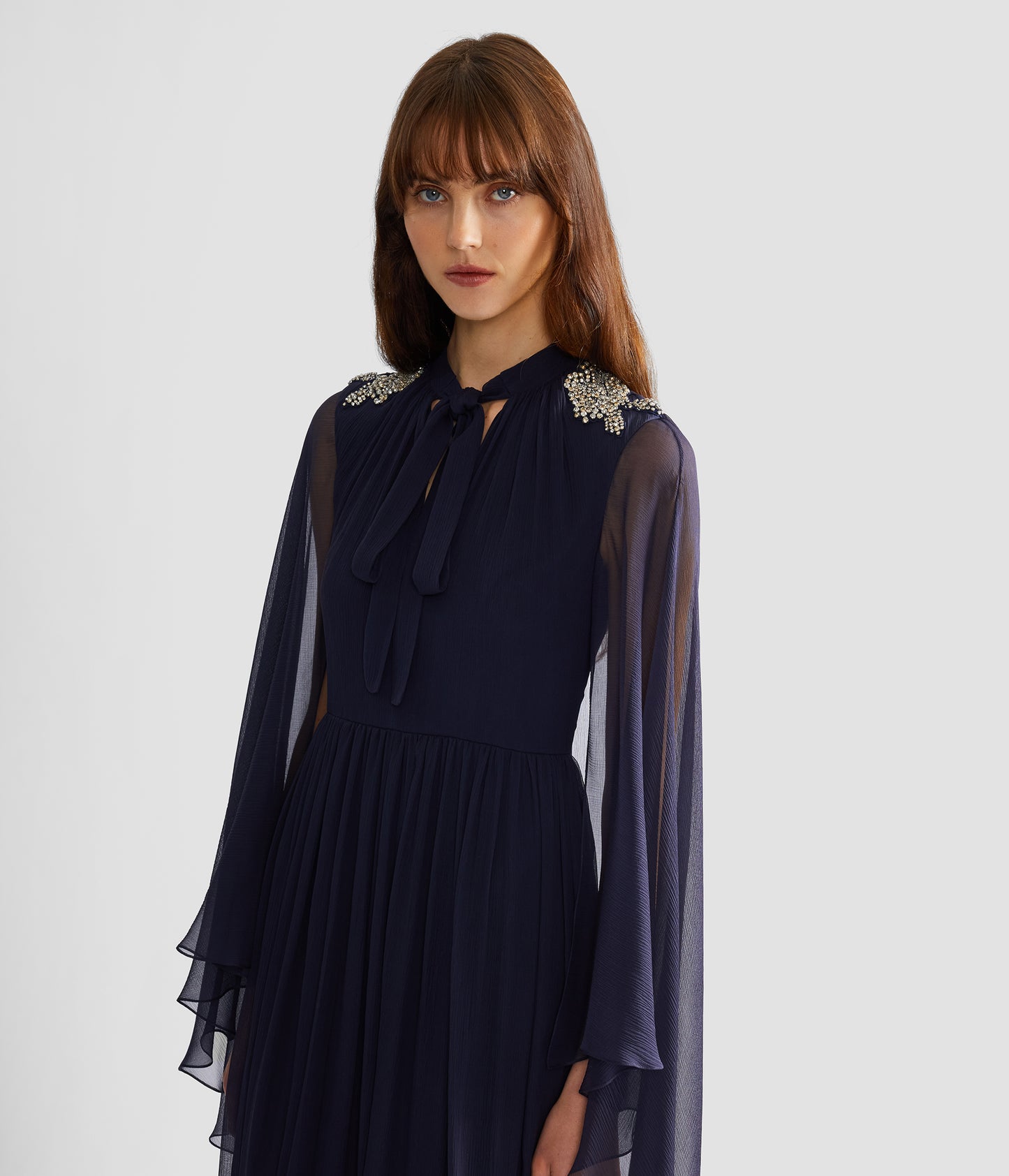 Embroidered Creponne Long Sleeve Gown