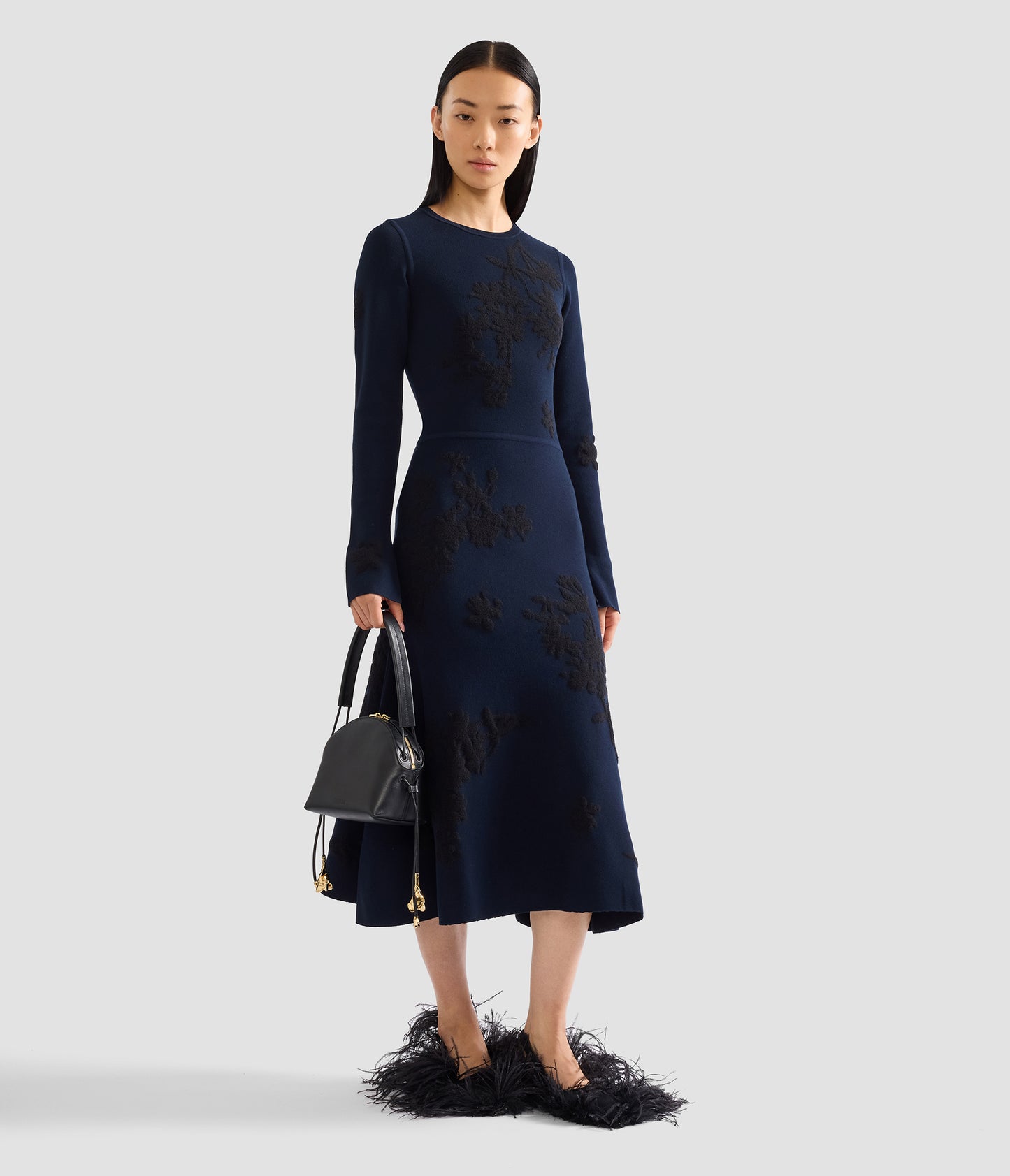 Jacquard Long Sleeve Midi Knit Dress
