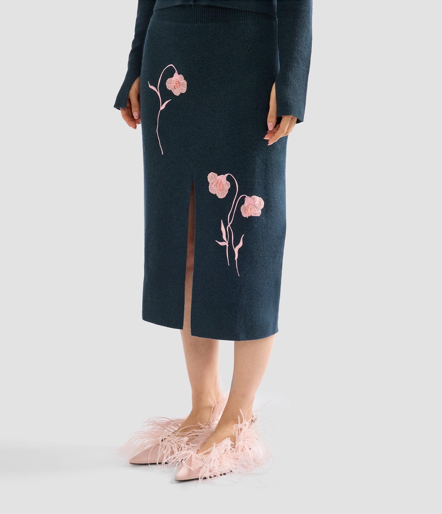 Embroidered Midi Pencil Knit Skirt