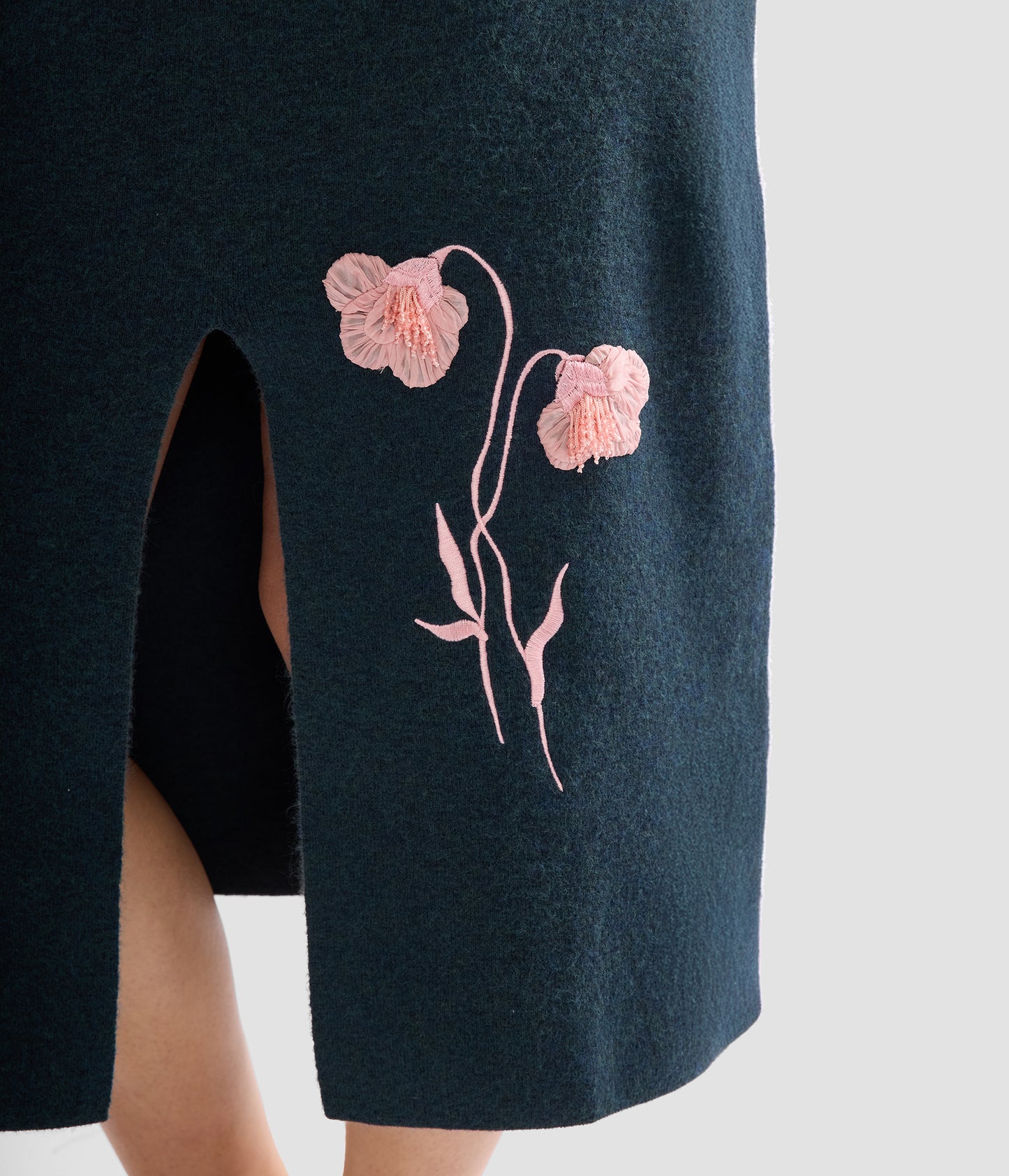 Embroidered Midi Pencil Knit Skirt