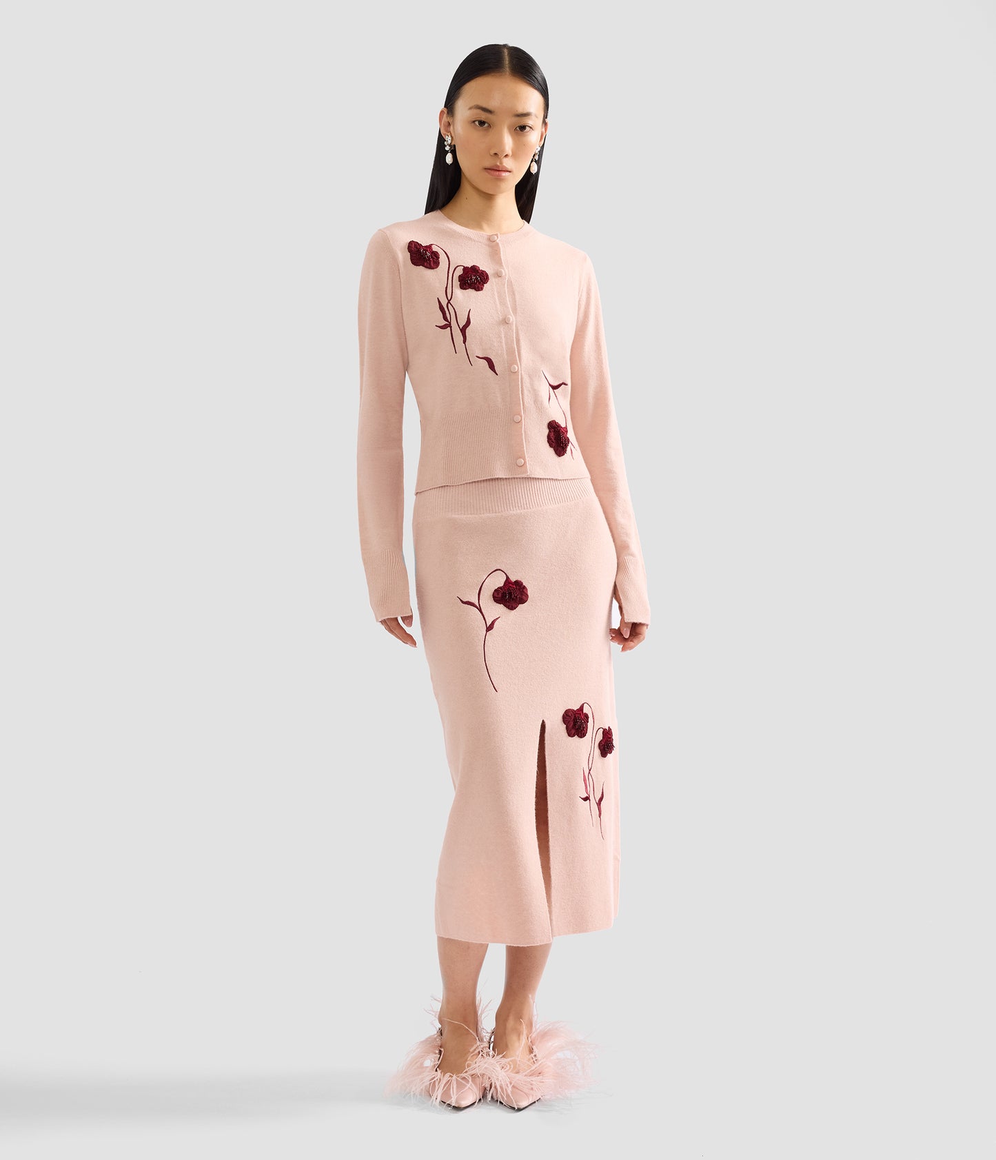 Embroidered Midi Pencil Knit Skirt