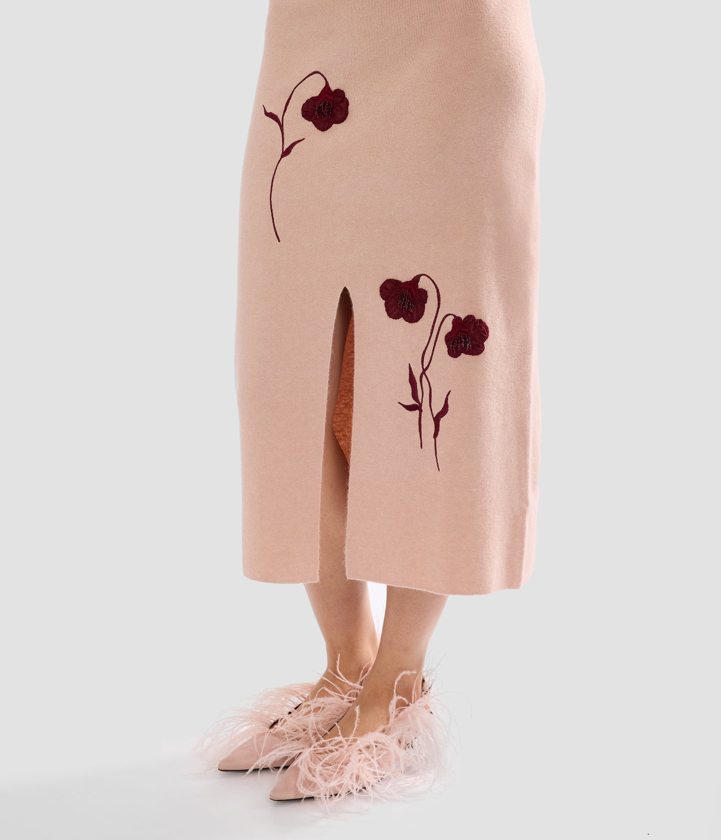 Embroidered Midi Pencil Knit Skirt