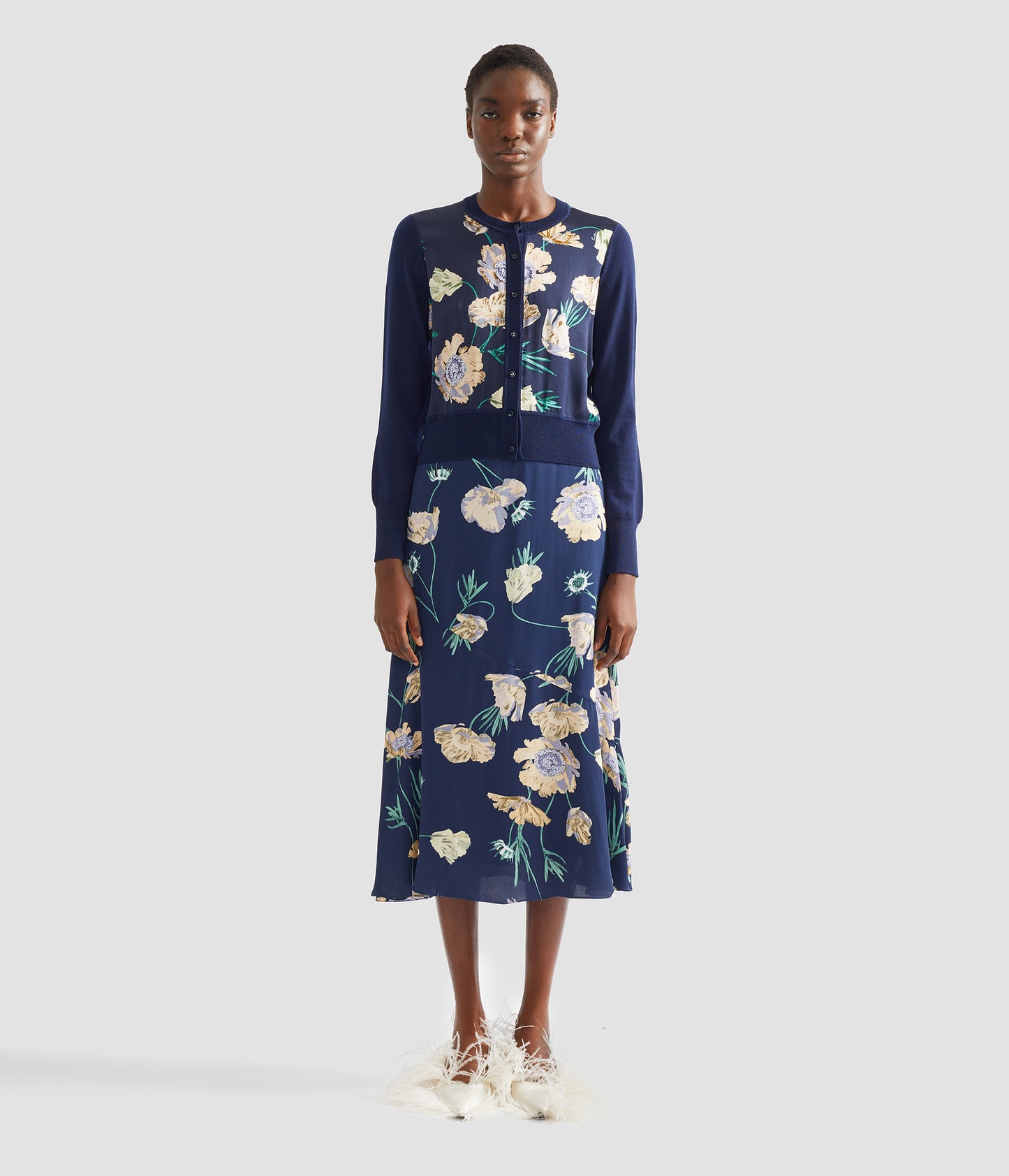 Floral Print Panel Cropped Cardigan