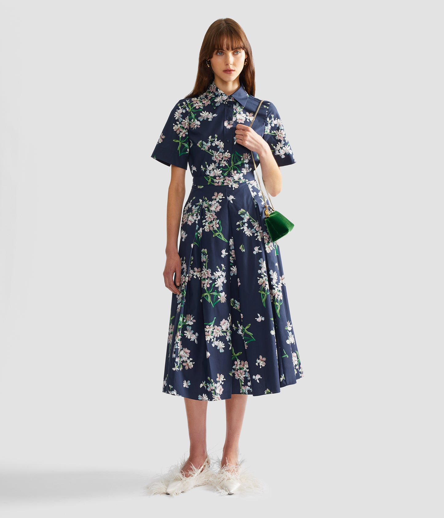 Floral Cotton Midi Pleated Skirt