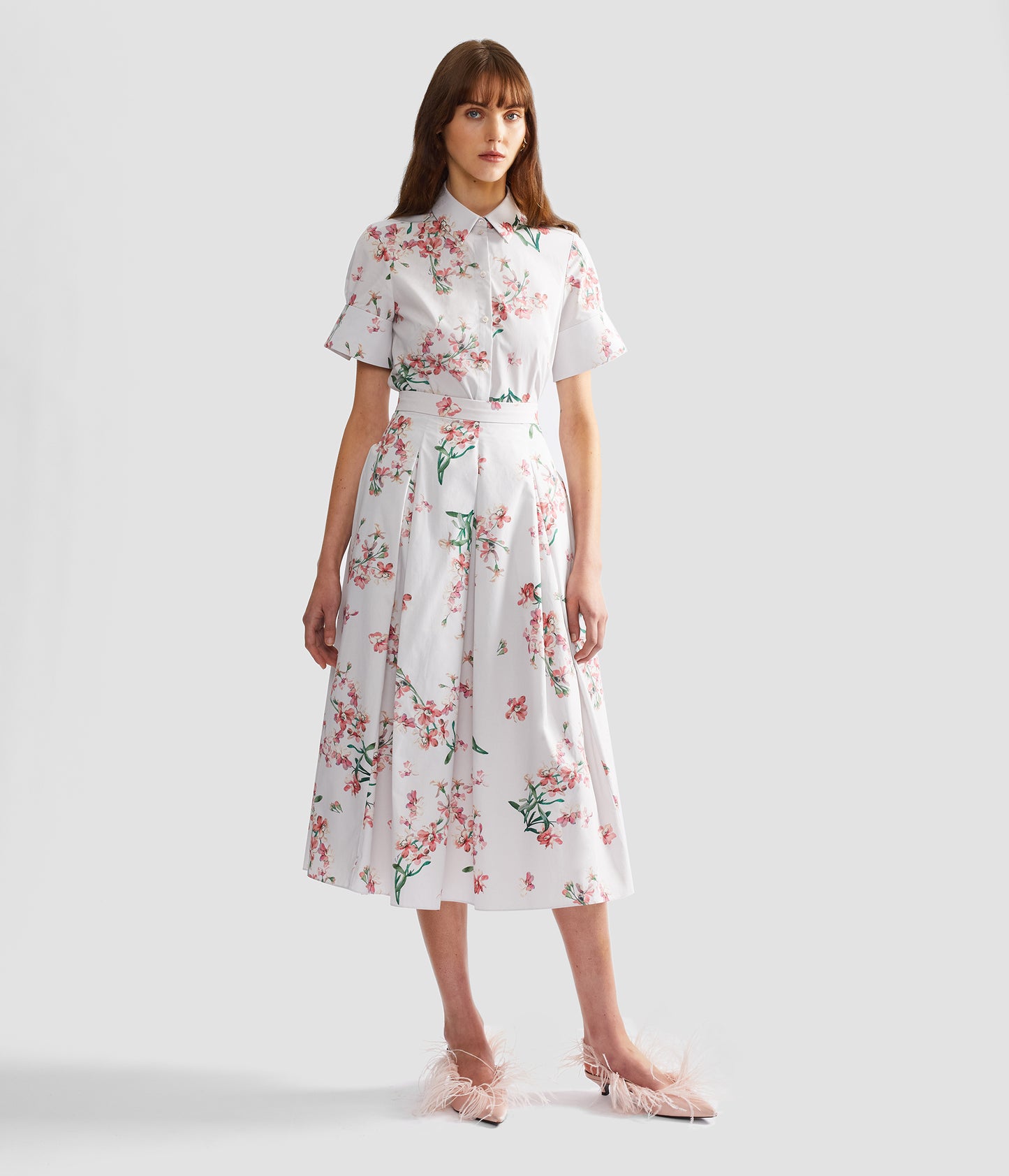 Floral Cotton Midi Pleated Skirt