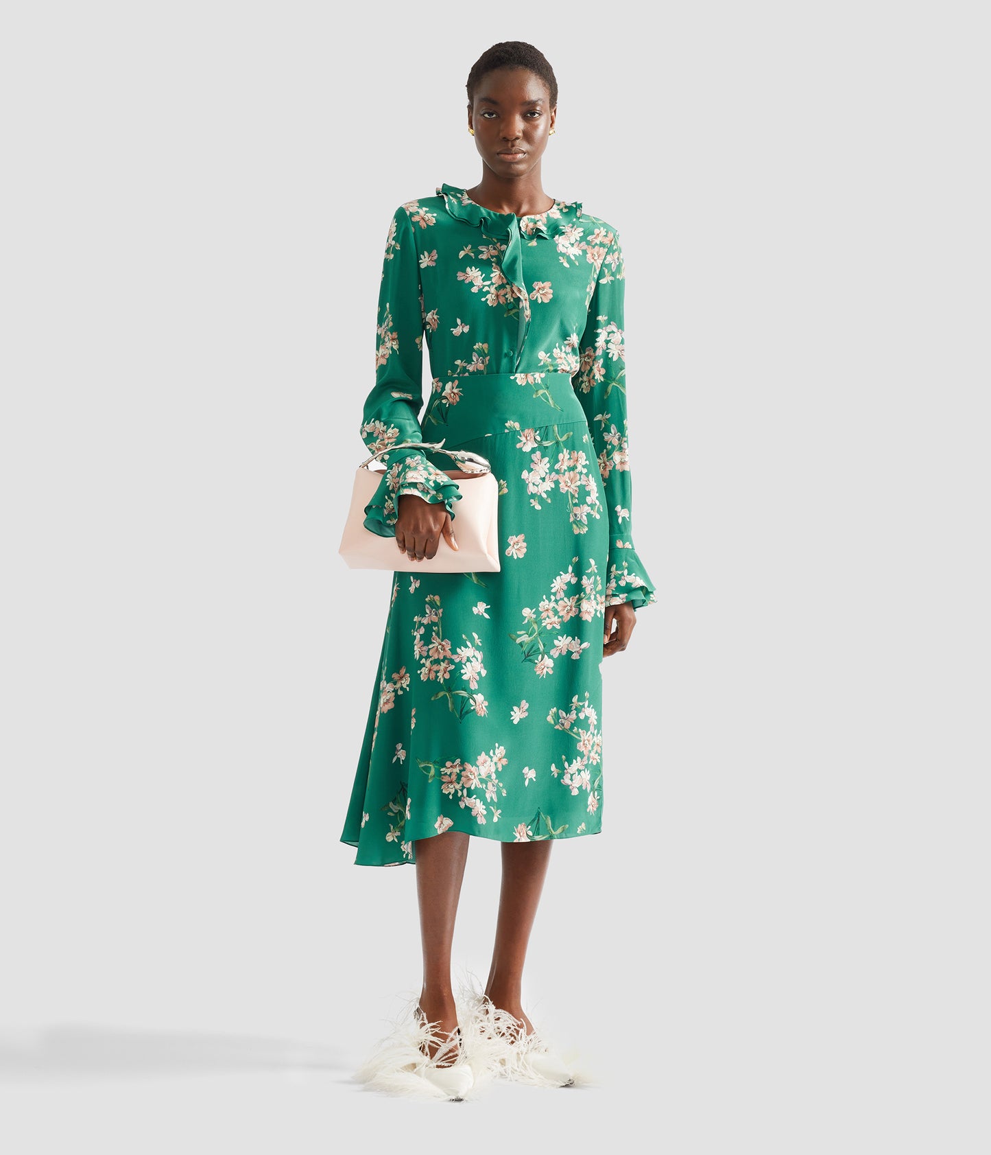 Floral Crepe De Chine Drape Midi Skirt