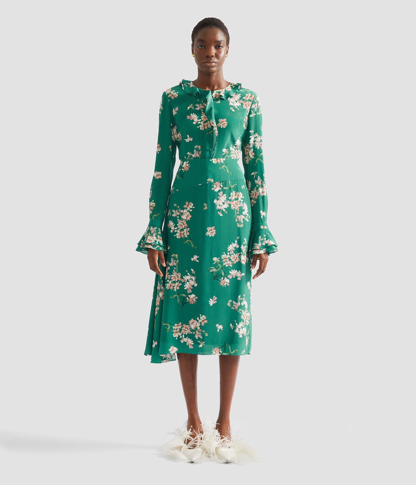 Floral Crepe De Chine Drape Midi Skirt