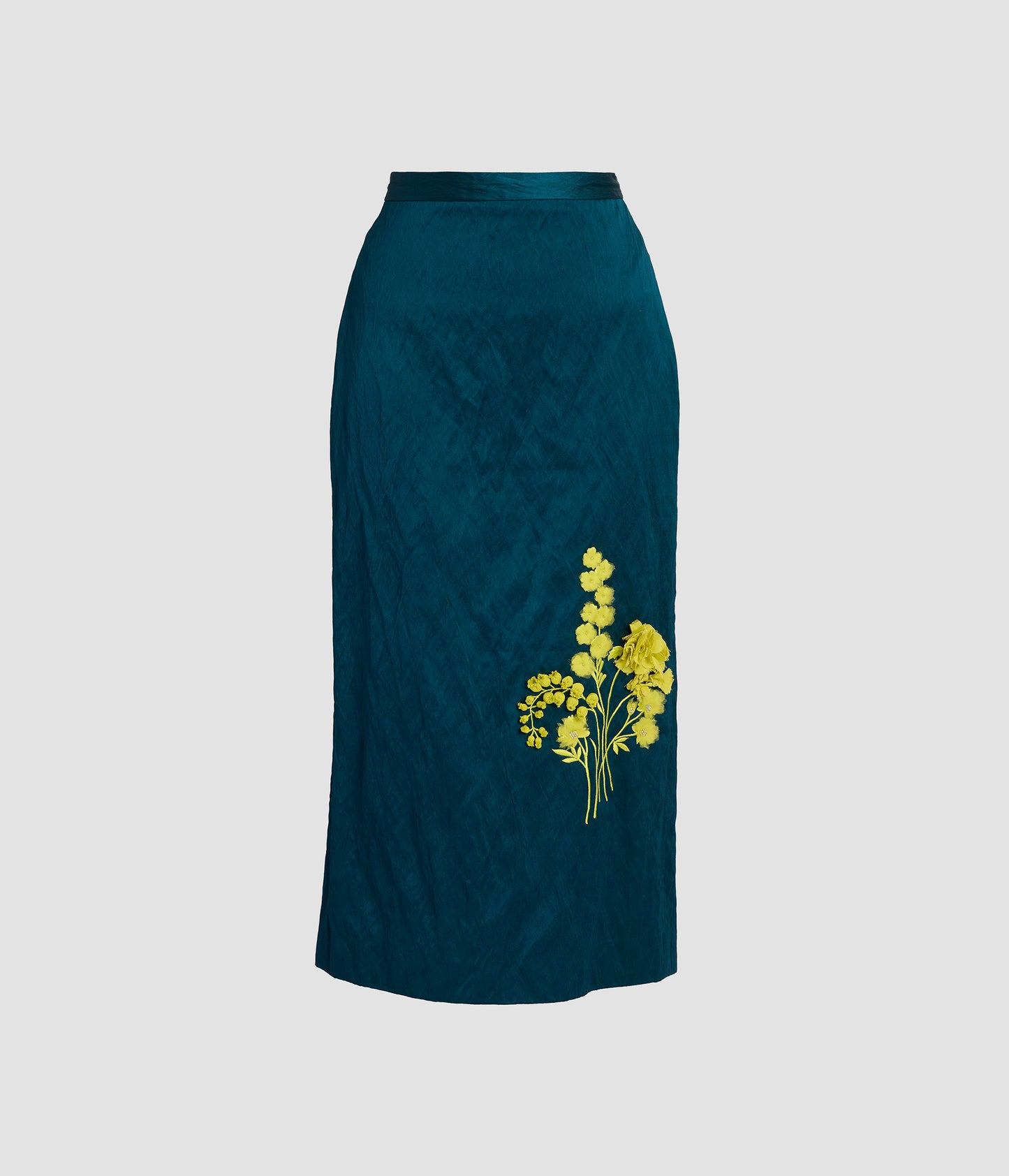 Embroidered Textured Satin Midi Pencil Skirt
