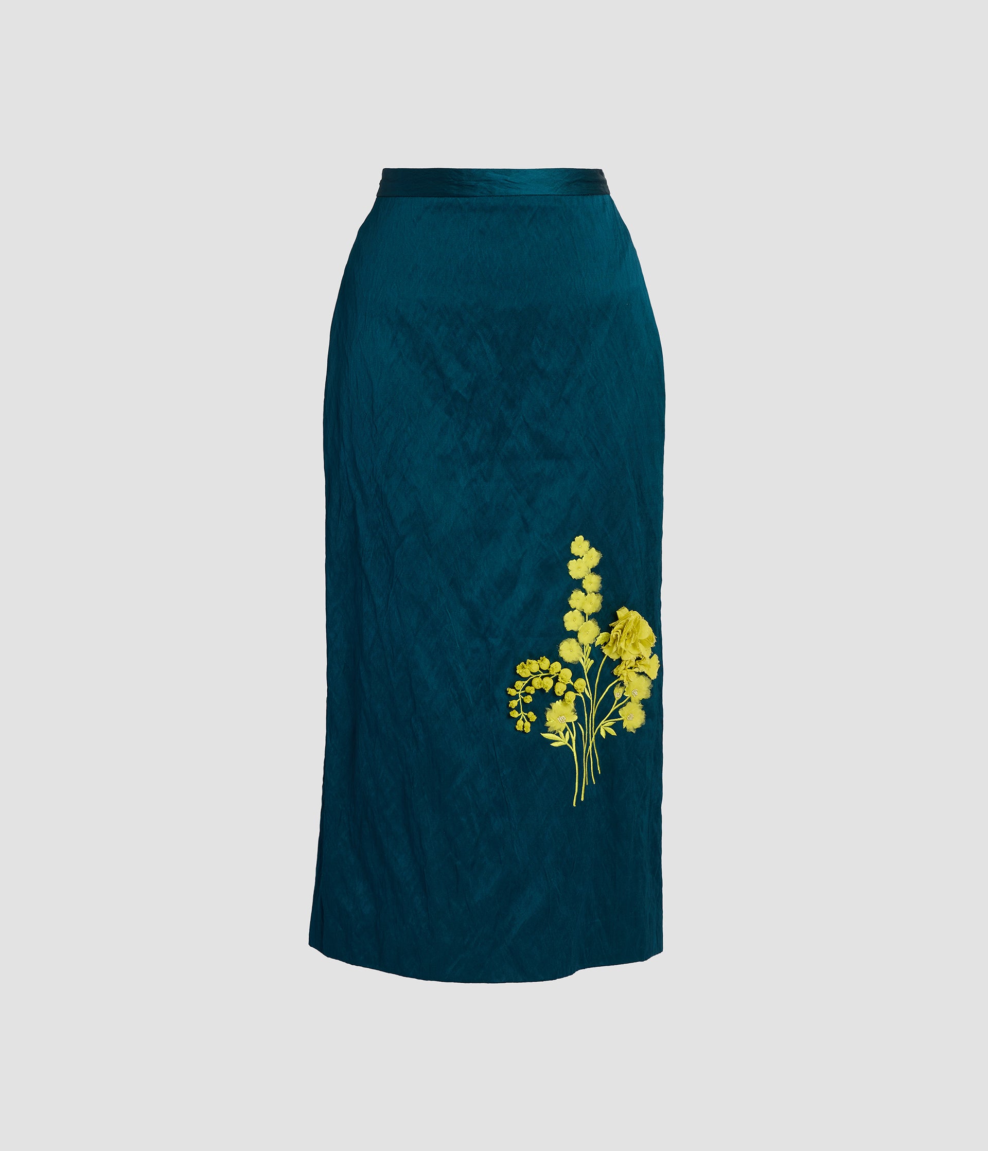 Embroidered Textured Satin Midi Pencil Skirt