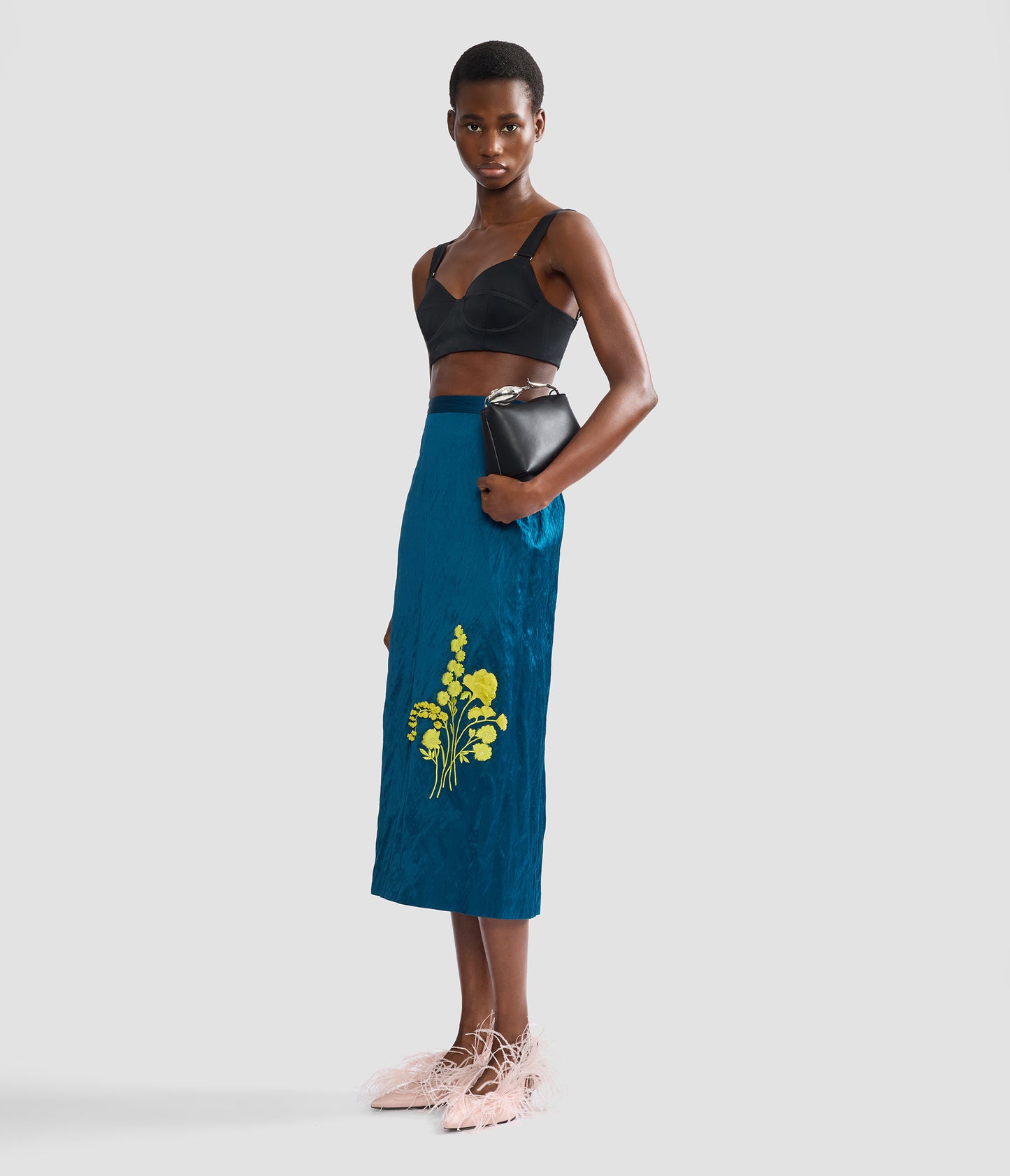 Embroidered Textured Satin Midi Pencil Skirt