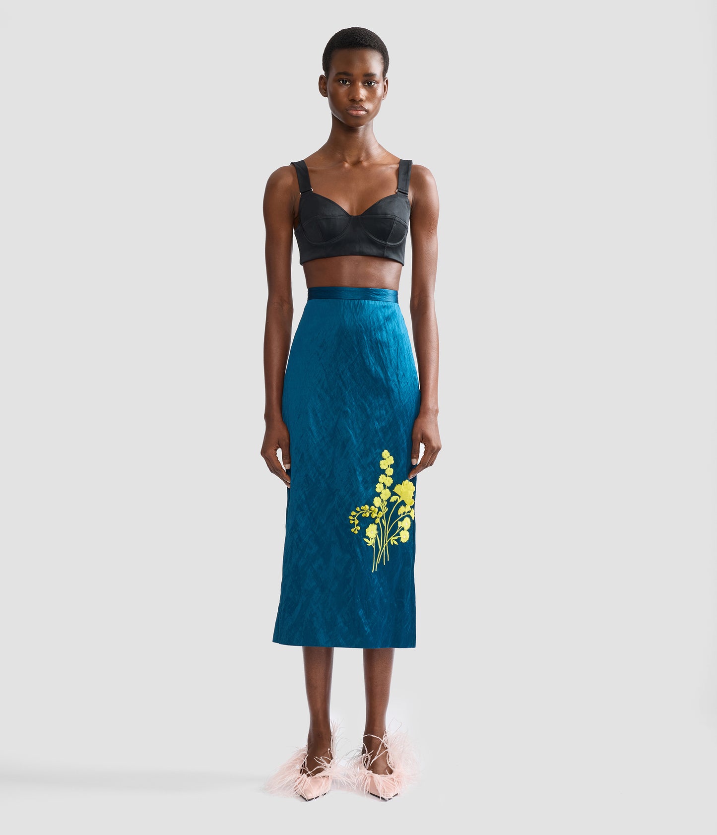 Embroidered Textured Satin Midi Pencil Skirt