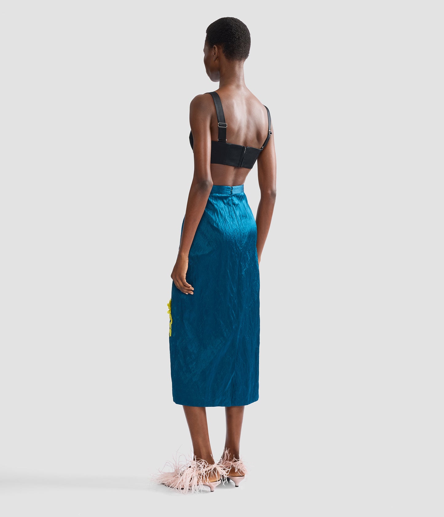 Embroidered Textured Satin Midi Pencil Skirt