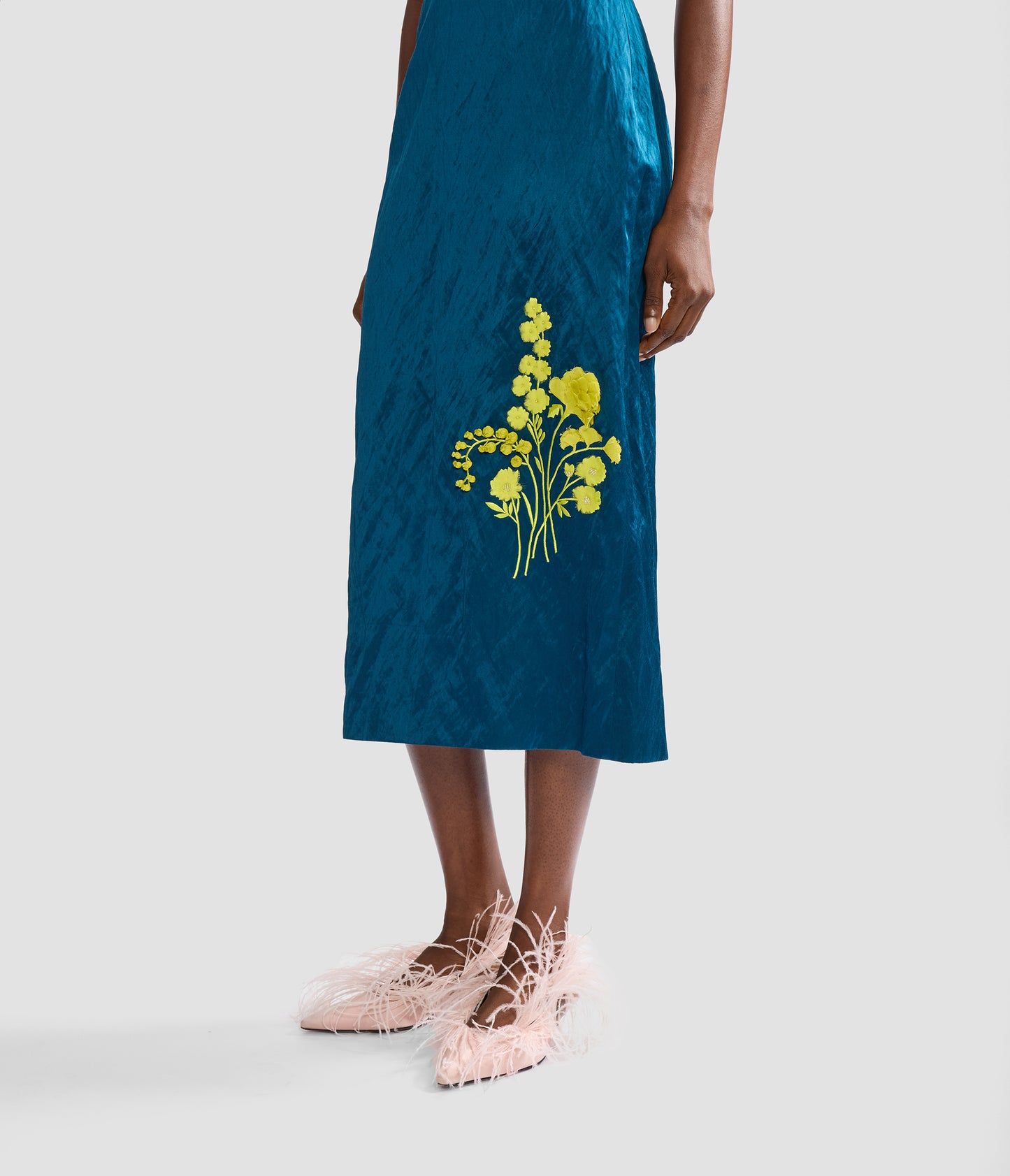 Embroidered Textured Satin Midi Pencil Skirt