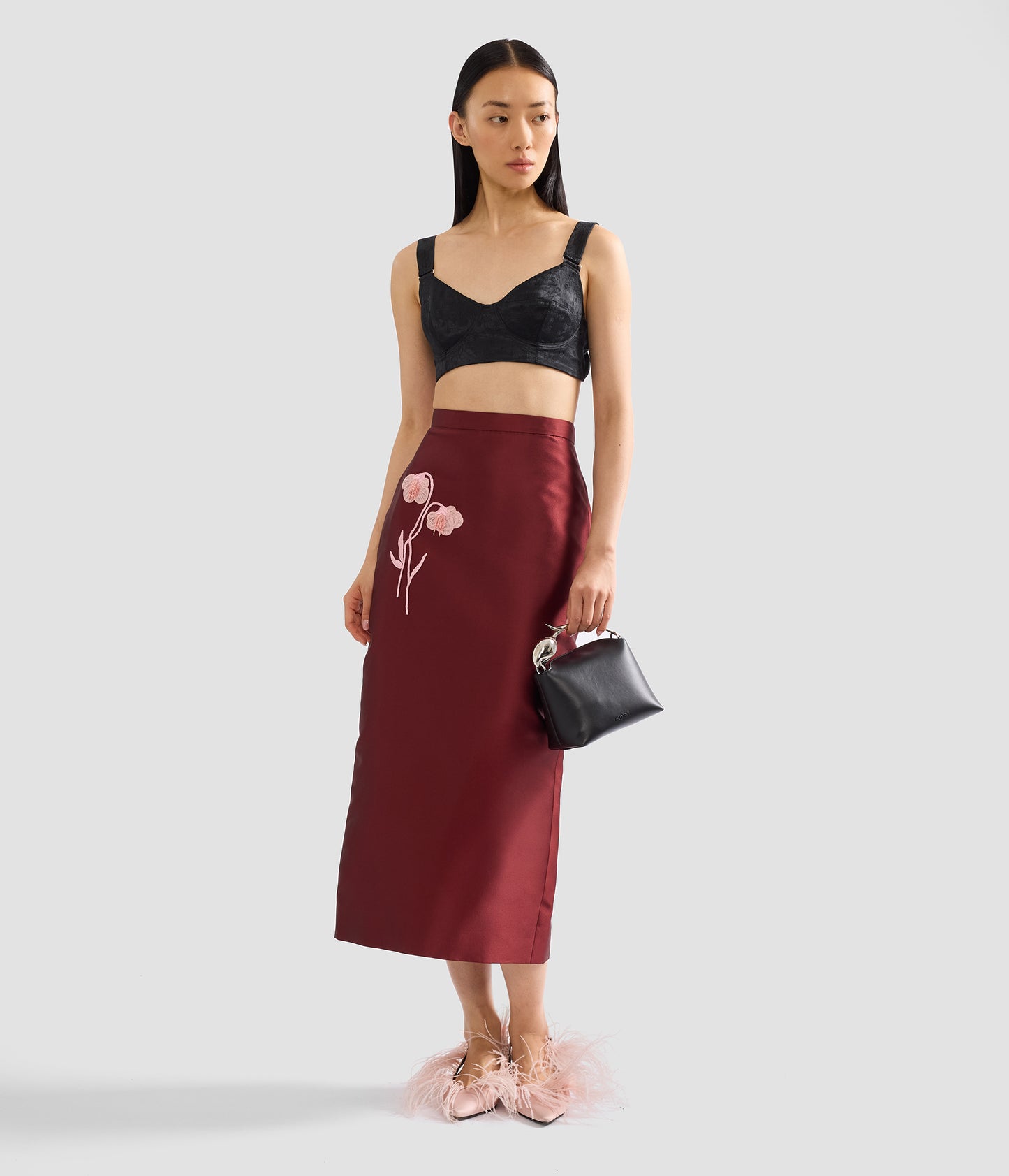 Embroidered Mikado Midi Pencil Skirt