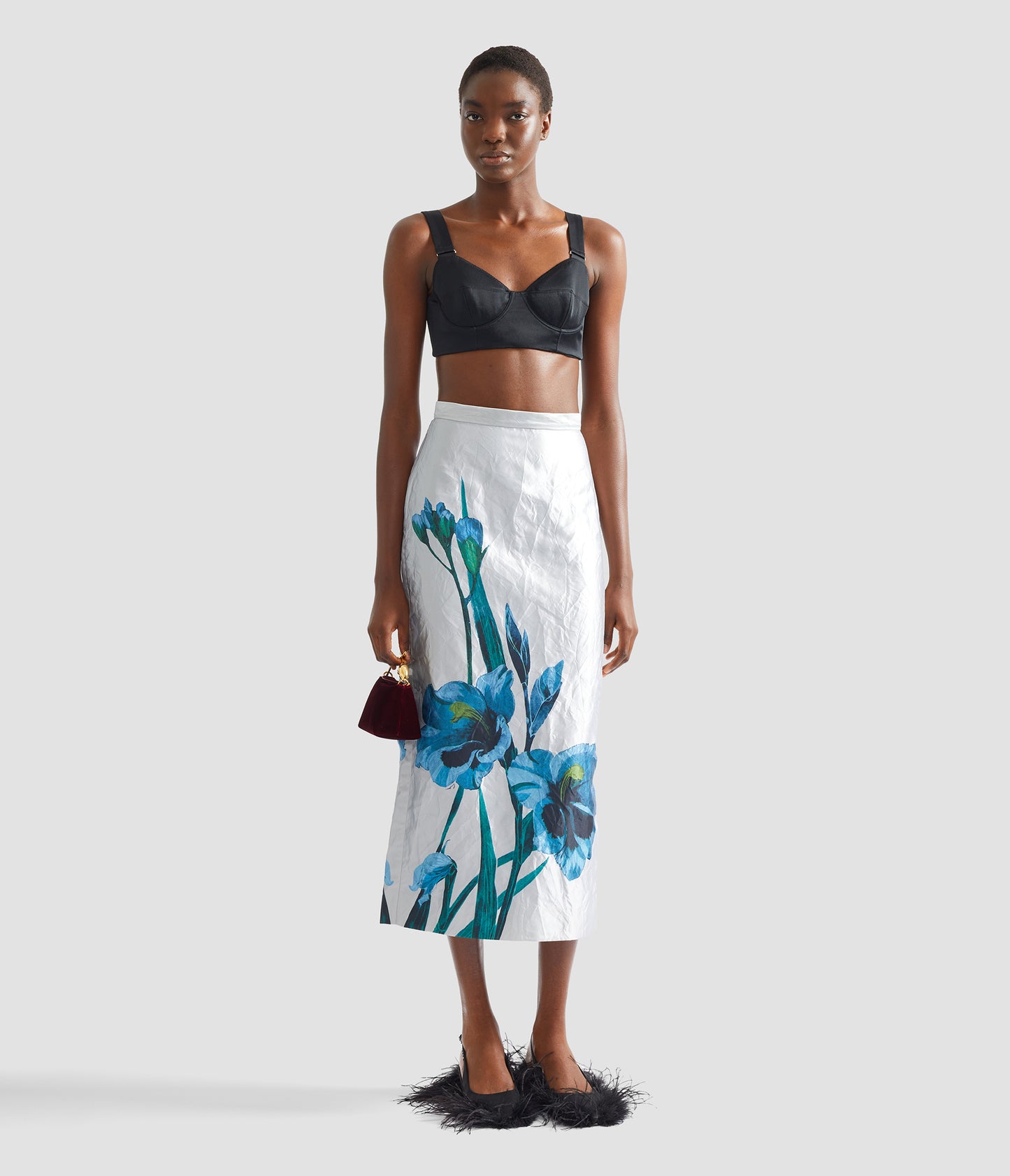 Floral Textured Satin Midi Pencil Skirt