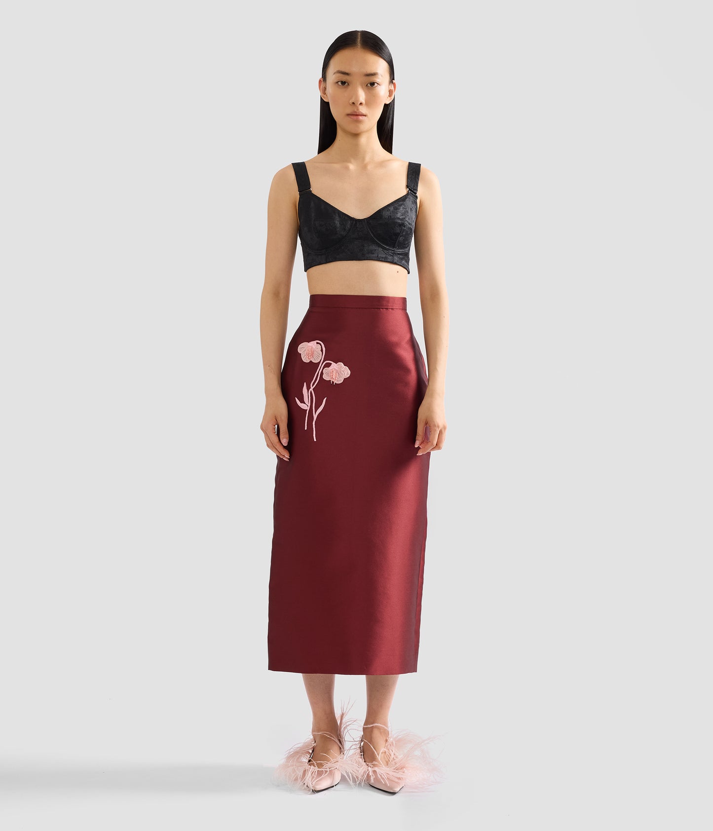 Embroidered Mikado Midi Pencil Skirt