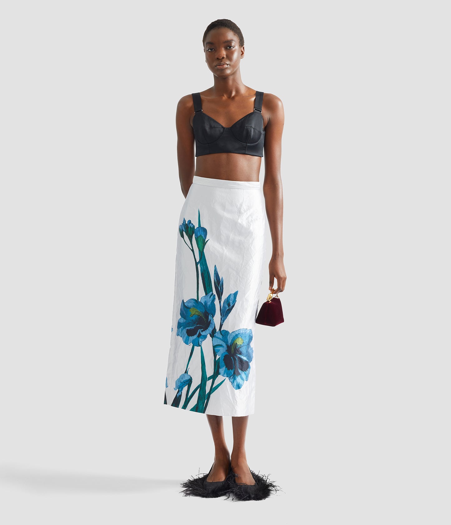 Floral Textured Satin Midi Pencil Skirt